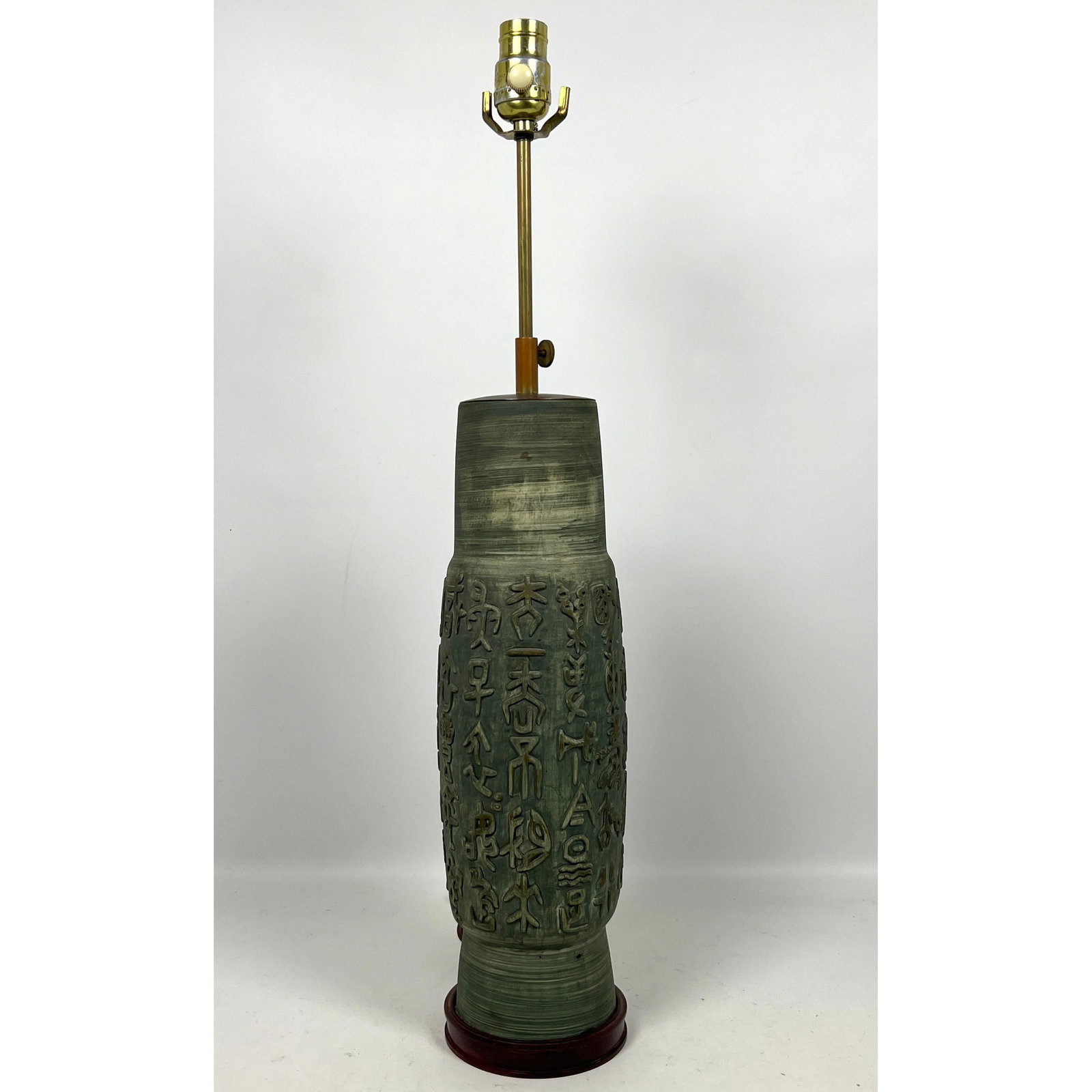 Tall Green Glazed Pottery Table Lamp. Raised Relief Petroglyph Images. Modernist Lighting. (1 of 11)
