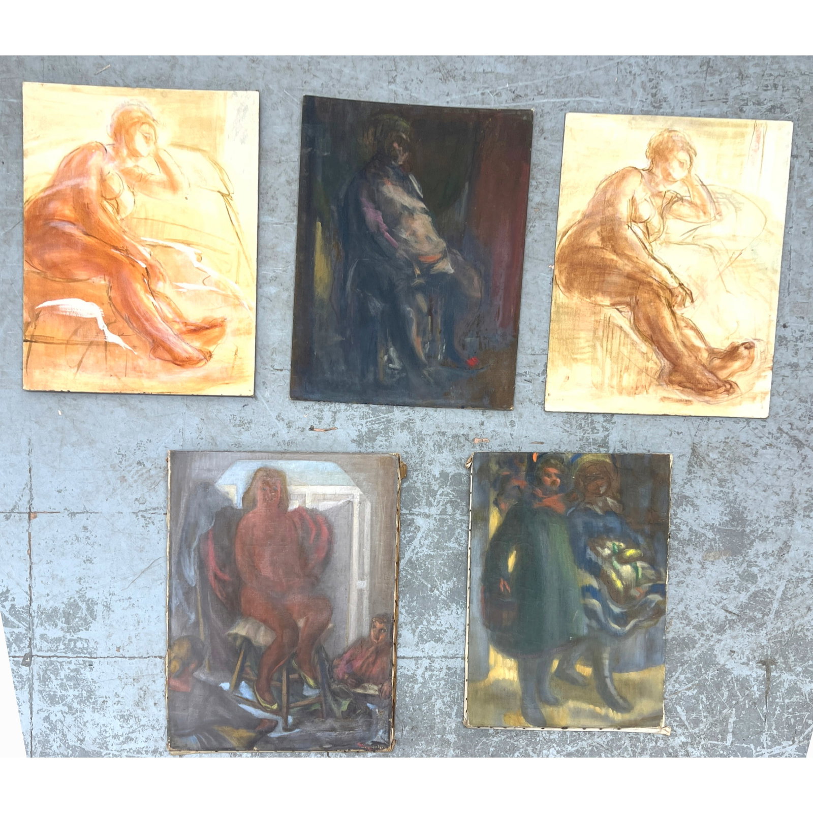 5pcs mid-20th century figurative oil paintings on Canvas and Board. Impressionist. (1 of 14)