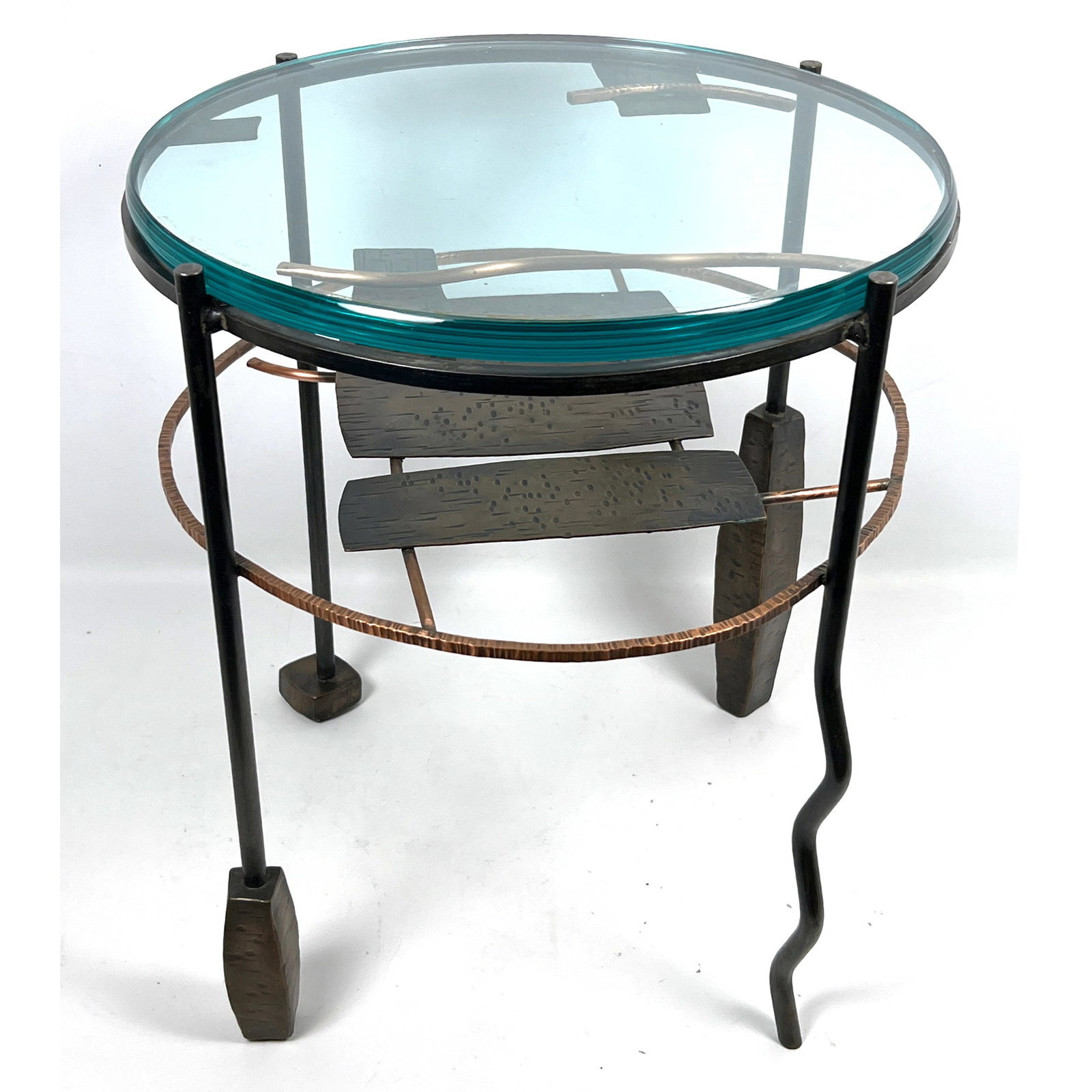Artisan Studio GARY MAGAKIS Memphis style Drink Table. Thick Round Glass Top supported by Mixed Meta (1 of 11)