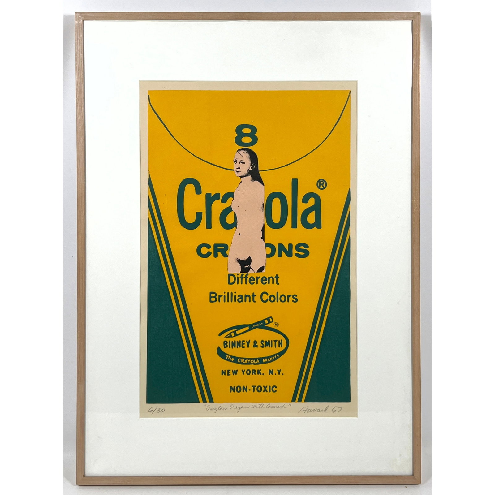 James Harvard Crayola Crayon with Cranach, lithograph Print, Mixed media. Signed and Numbered 6/30.: James Harvard Crayola Crayon with Cranach, lithograph Print, Mixed media. Signed and Numbered 6/30. 1967. mIxed media. Dimensions: Frame Height: 31 inches, Frame Width: 23.75 inches. - Image Size: Ima