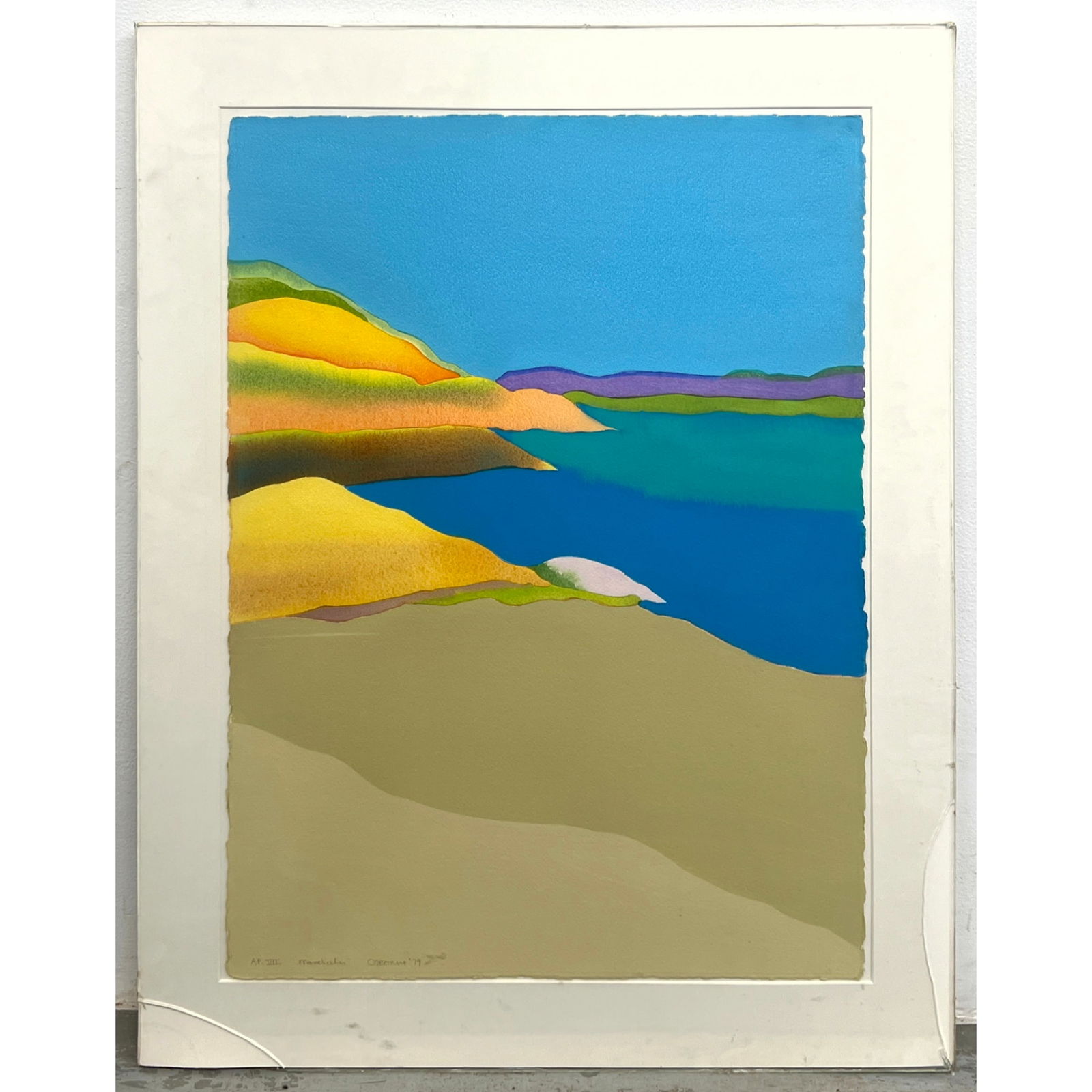 ELIZABETH OSBORNE Pochoir Print. "Manchester" Coastal Landscape. Pencil Signed and Dated '79. A.P. V: ELIZABETH OSBORNE Pochoir Print. "Manchester" Coastal Landscape. Pencil Signed and Dated '79. A.P. VII. Dimensions: Frame Height: 36.5 inches, Frame Width: 29 inches. - Image Size: Image Height: 30.5