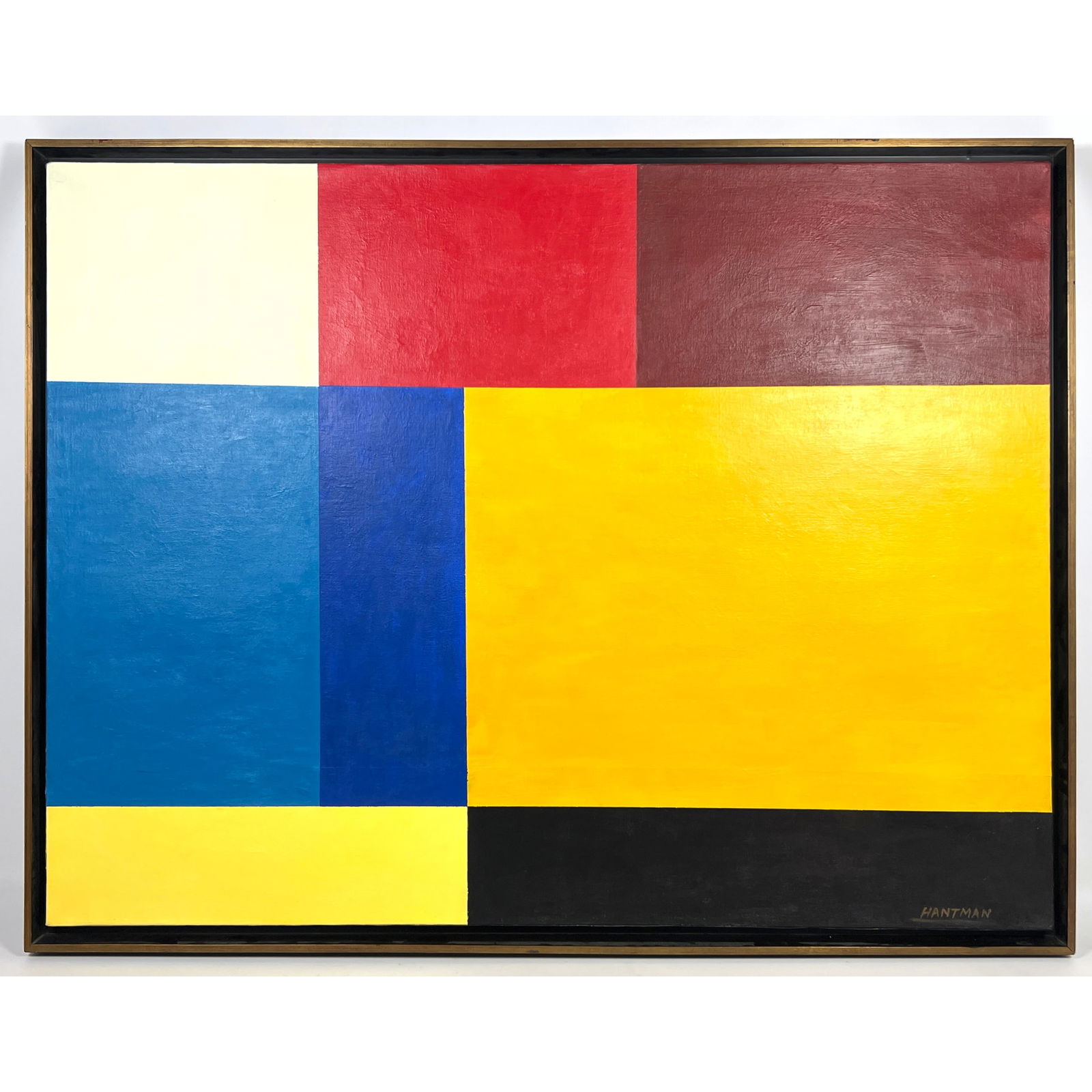 HANTMAN geometric painting on canvas signed. Attributed to MURRAY HANTMAN.: HANTMAN geometric painting on canvas signed. Attributed to MURRAY HANTMAN. Dimensions: Height: 33.75 inches, Width: 43.5 inches. --- - We offer curbside delivery for most items to NYC, Manhattan, Clos