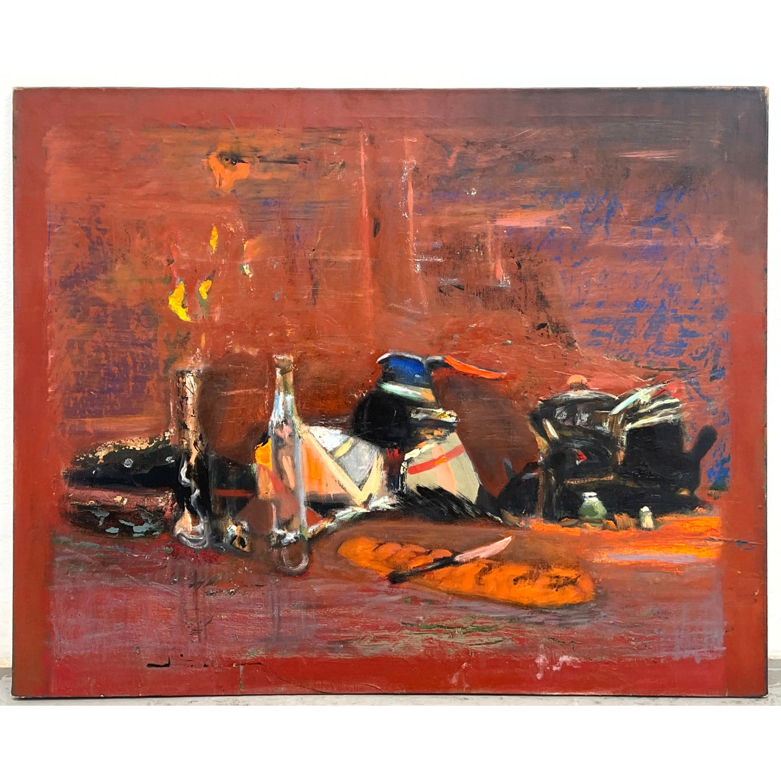 Signed Vintage Still Life Painting. Red Background. "Flowers, Jugs, Fish and so on......" With Illeg: Signed Vintage Still Life Painting. Red Background. "Flowers, Jugs, Fish and so on......" With Illegible signature. Dimensions: Height: 32 inches, Width: 40 inches. --- - We offer curbside delivery fo