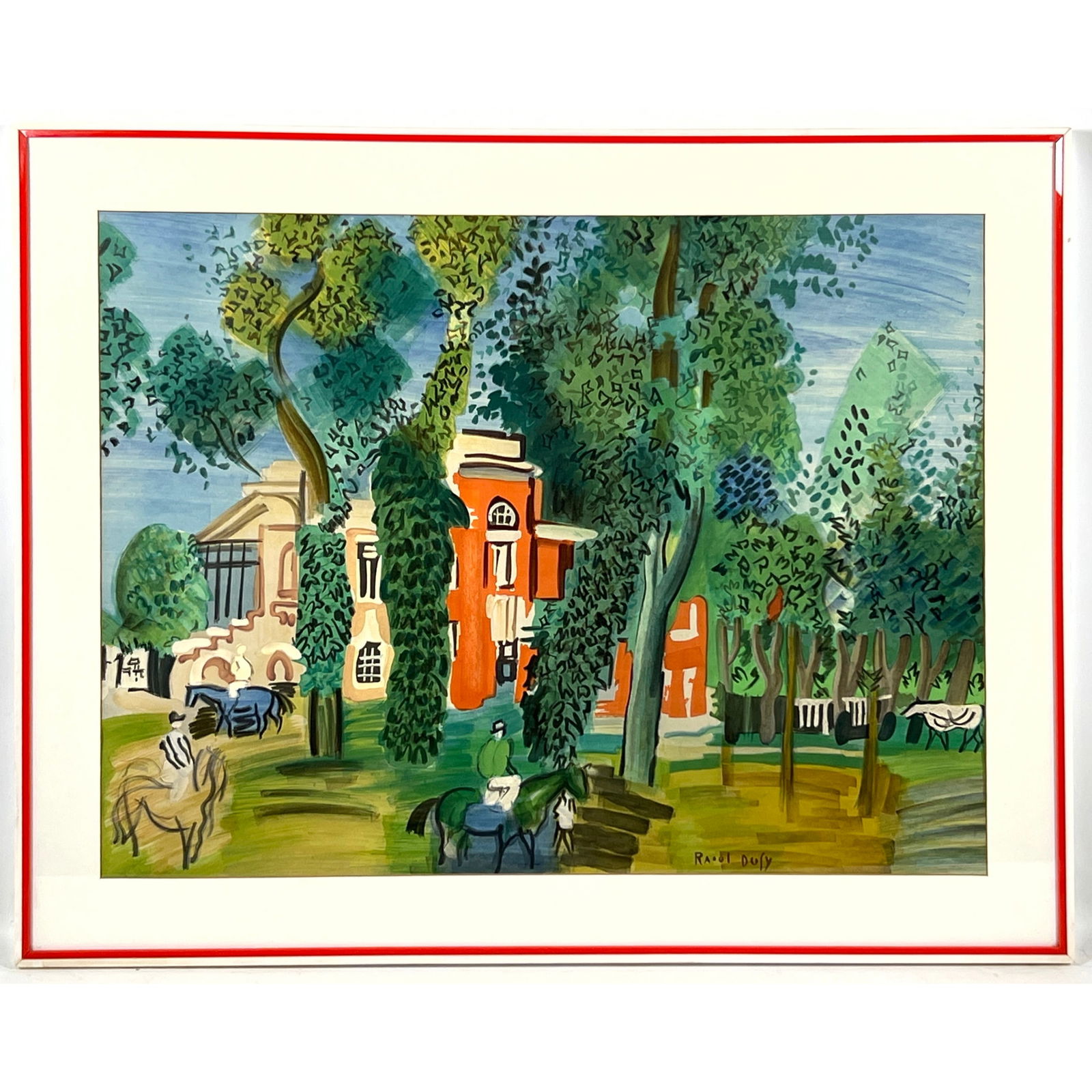 Raoul Dufy Color Lithograph. "Paddock" Exterior scene with Red Building and Jockeys Riding Horses. S (1 of 11)