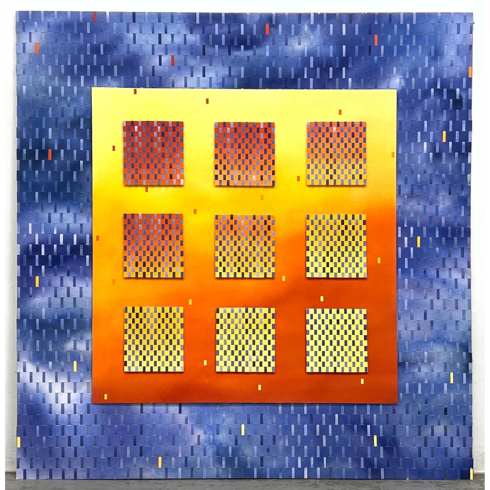Erin Daniels Mixed Media Art Panel. Red Rain / Blue Skies. Woven design. (1 of 9)