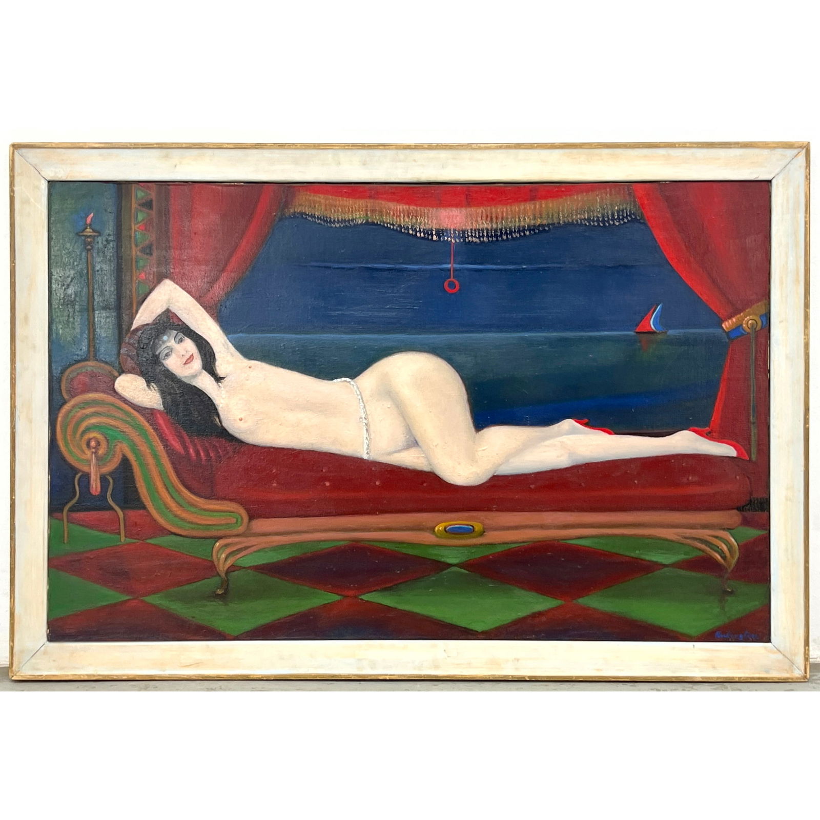 NORMAN RUBINGTON Surrealist Painting. Female Nude Odalisque Reclining on Chaise. Red Shade and Drape: NORMAN RUBINGTON Surrealist Painting. Female Nude Odalisque Reclining on Chaise. Red Shade and Drape behind her. Signed, dated 1981. Dimensions: Frame Height: 35 inches, Frame Width: 53 inches. - Imag
