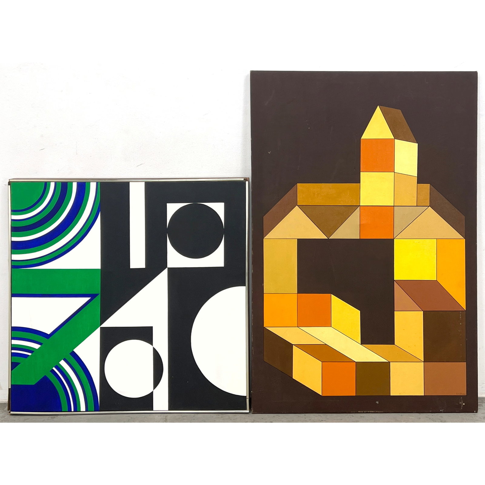 2pcs Op Art Geometric Painting on Canvas. F.S Pines and Unsigned. (1 of 15)