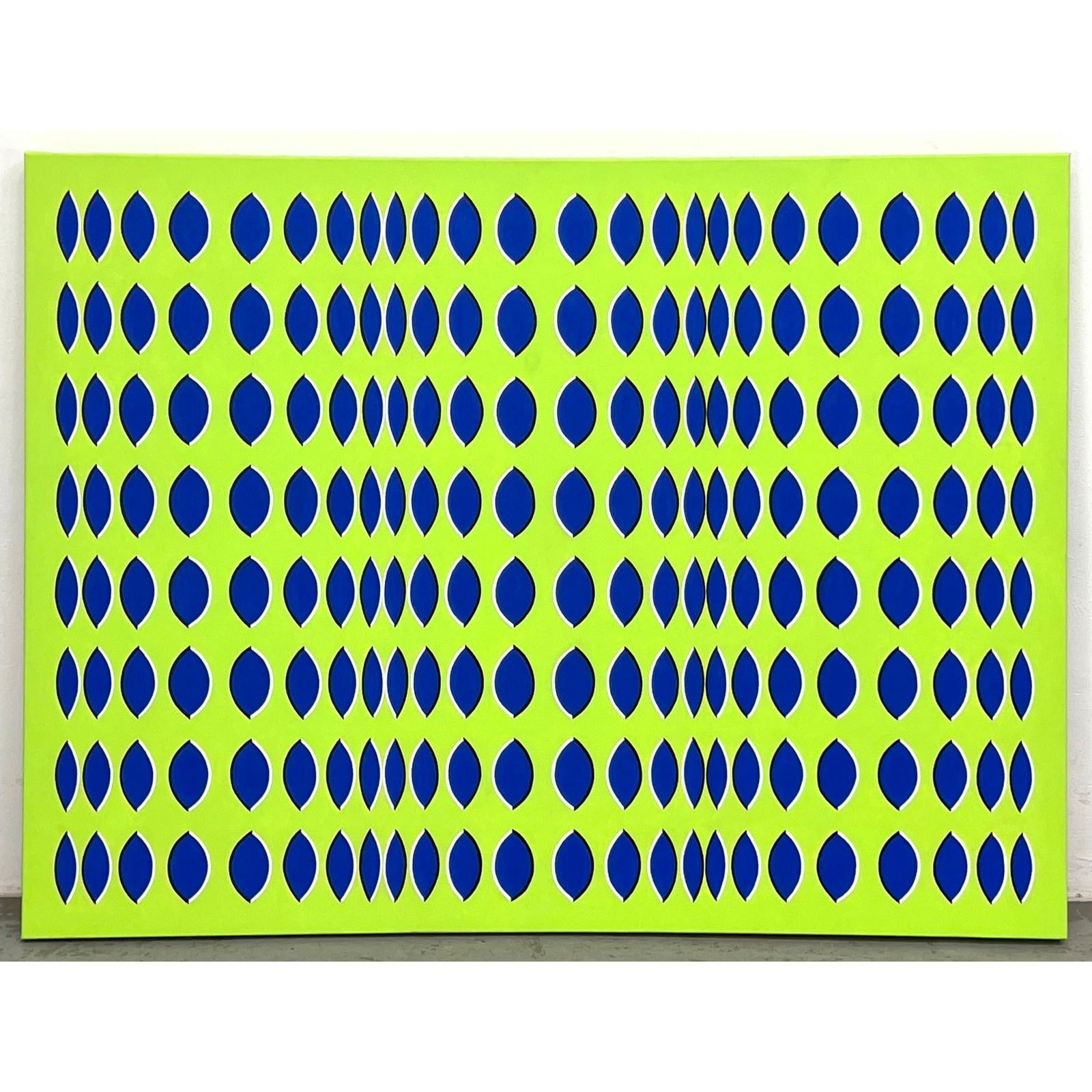 Large TIM RAY FISHER Large Modernist OP ART Painting. Lime Green Ground Features Elliptical Blue and (1 of 8)