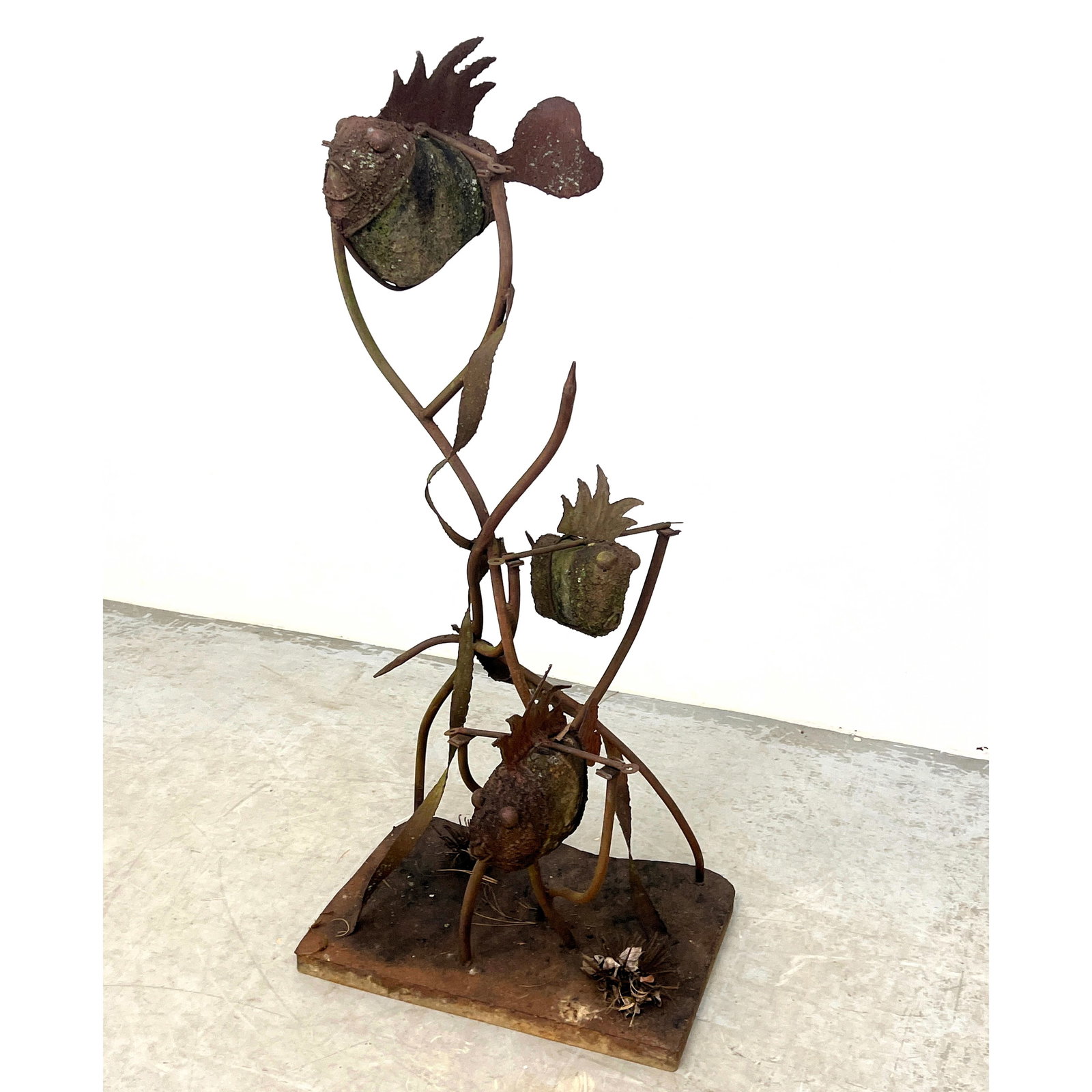 Iron and Stone Garden Sculpture of Fish in Seaweed. Fish will rock. (1 of 9)