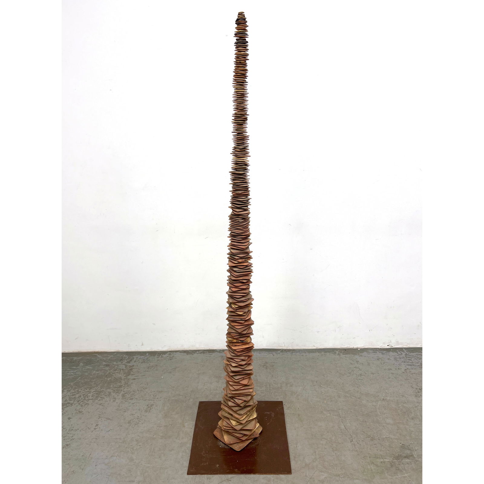 Tall John Costanza Studio Made Floor sculpture of Stacked Pottery Square Disks, (1 of 9)
