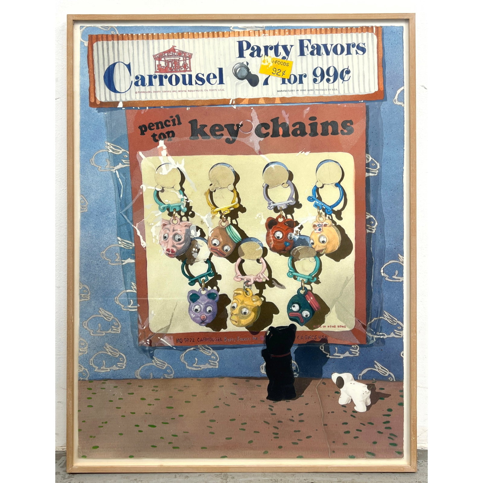 Whimsical Pop Art Watercolor Painting on Paper. Unsigned. Detailed depiction of Party Favors.: Whimsical Pop Art Watercolor Painting on Paper. Unsigned. Detailed depiction of Party Favors. Dimensions: Frame Height: 43.25 inches, Frame Width: 31.75 inches. - Image Size: Image Height: 41 inches,