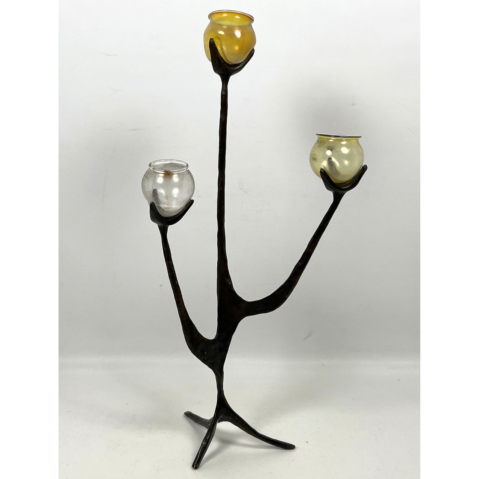 AHARON BEZALEL Sculptural Bronze Candelabra. Israeli Artist. Three Glass Votive Candle Holders. Sign (1 of 11)