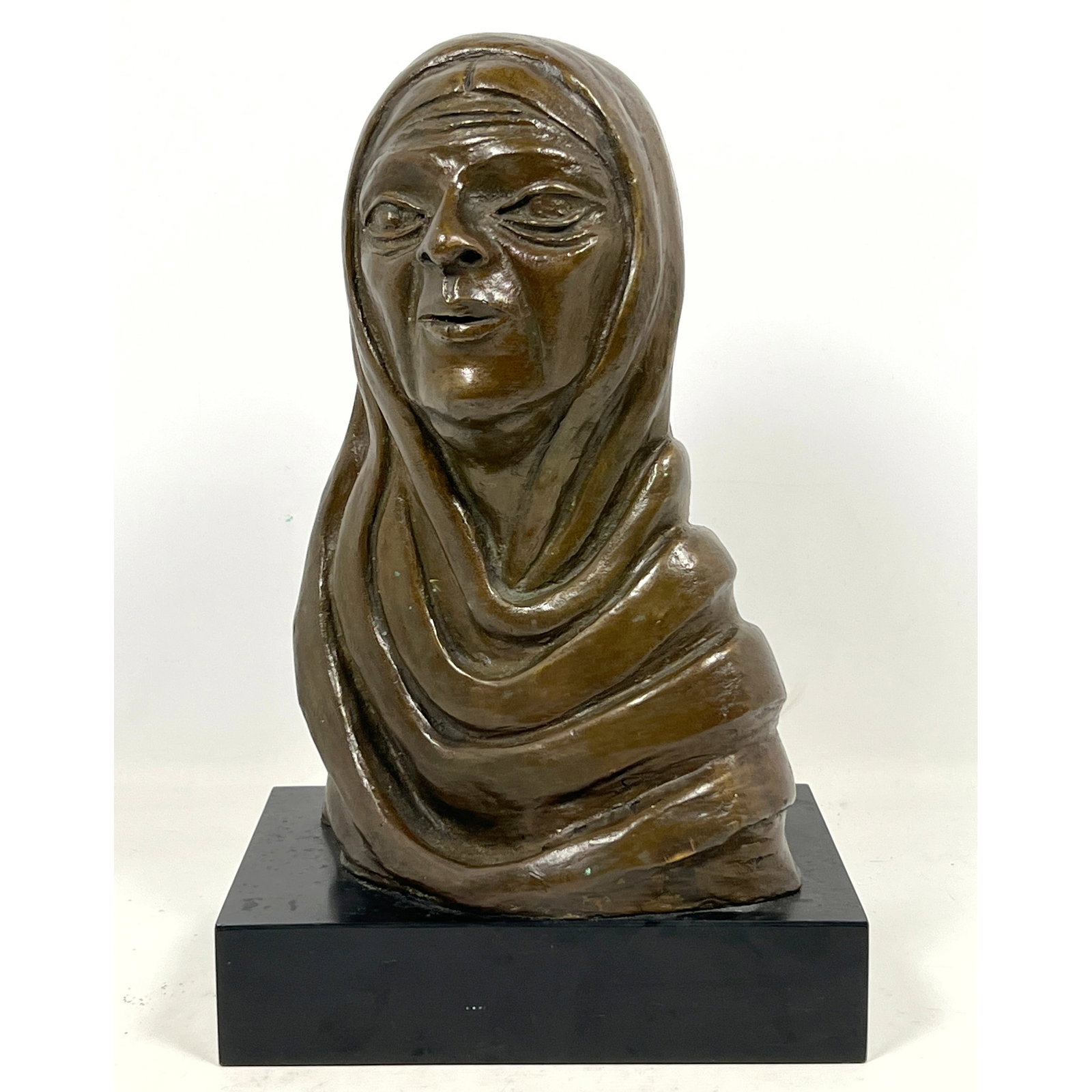 N FORGASH Bronze Portrait Bust Sculpture. Almond Eyed Female wearing Draped Shawl. On Black Plinth. (1 of 10)