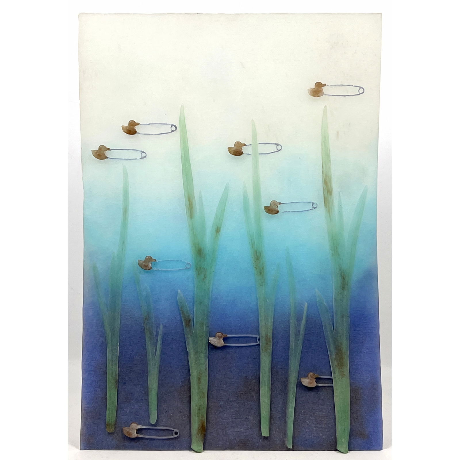 Douglas Anderson Just Ducky glass sculpture. Pate de verre glass inset with Duck Safety Pins. Signed: Douglas Anderson Just Ducky glass sculpture. Pate de verre glass inset with Duck Safety Pins. Signed. Dimensions: Height: 18 inches, Width: 12 inches, Depth: 3 inches. --- - We offer curbside delivery