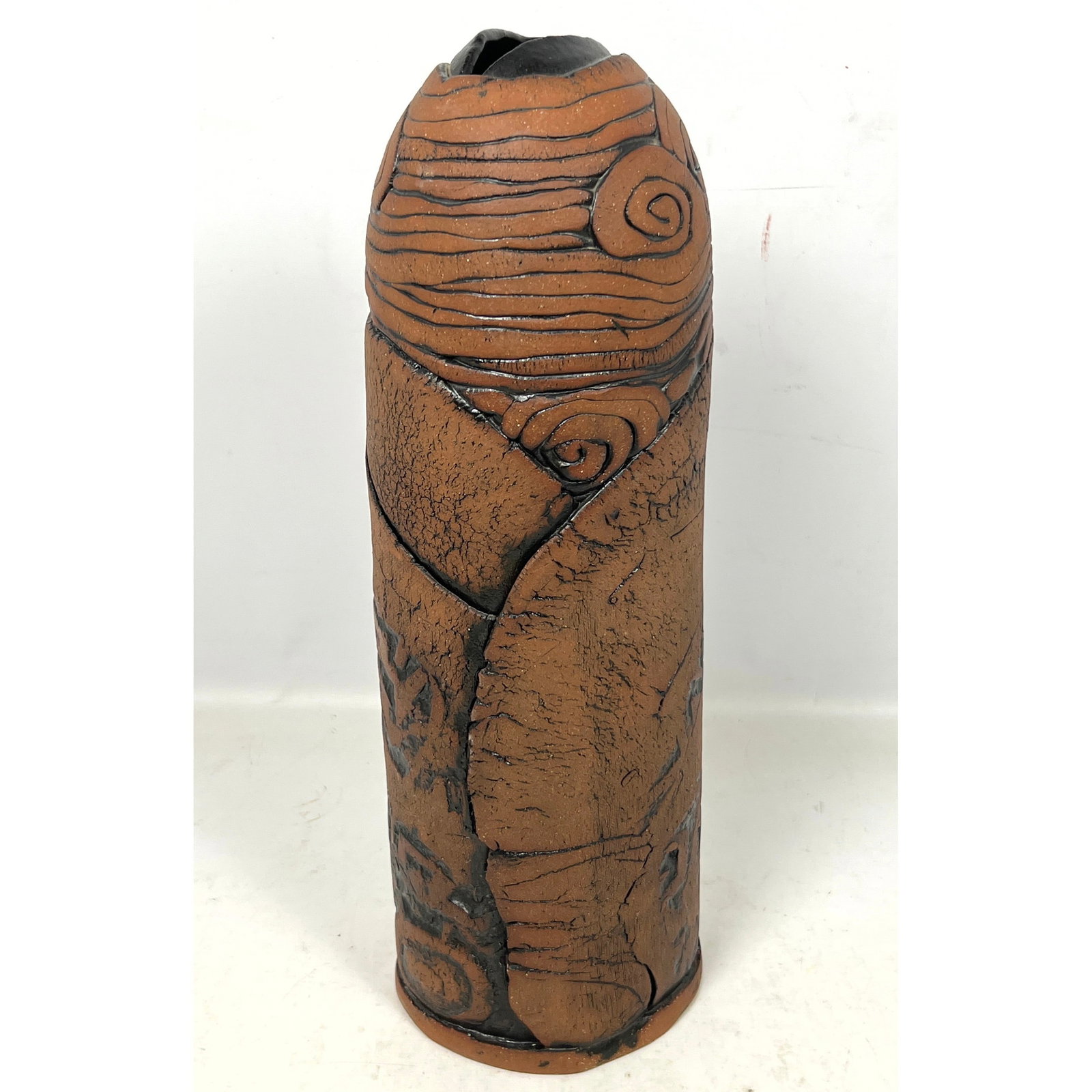 TOM DICKERSON Studio Terracotta Clay Tall Vase. Applied Pottery Design. Signed. (1 of 9)