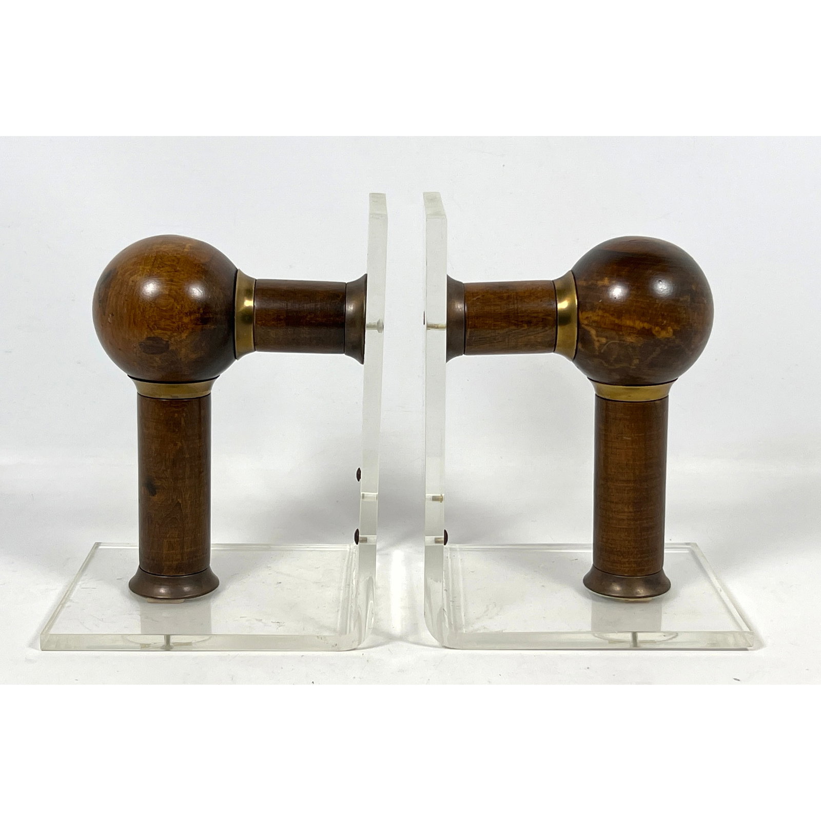 SARREID LTD Modern Wood, Lucite Bookends. Angled Wood Elements intersect at Wood Sphere. Lucite Pane (1 of 10)