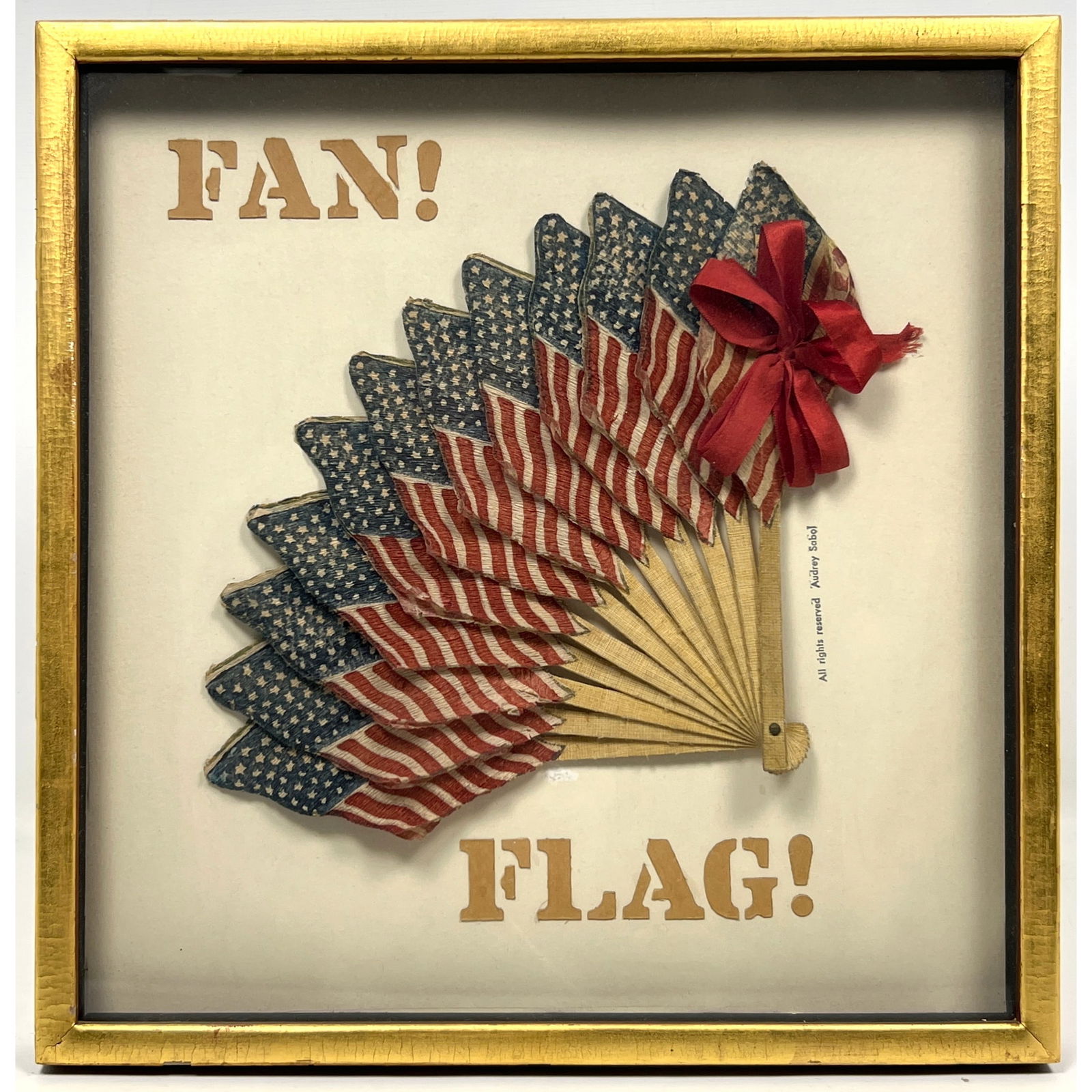 Audrey Sabol Renowned Modernist Art Collector Mixed Media Framed Flag Fan.: Audrey Sabol Renowned Modernist Art Collector Mixed Media Framed Flag Fan. Dimensions: Height: 13 inches, Width: 12.5 inches. --- US Packing and Shipping charge: In house shipping available. Will be c