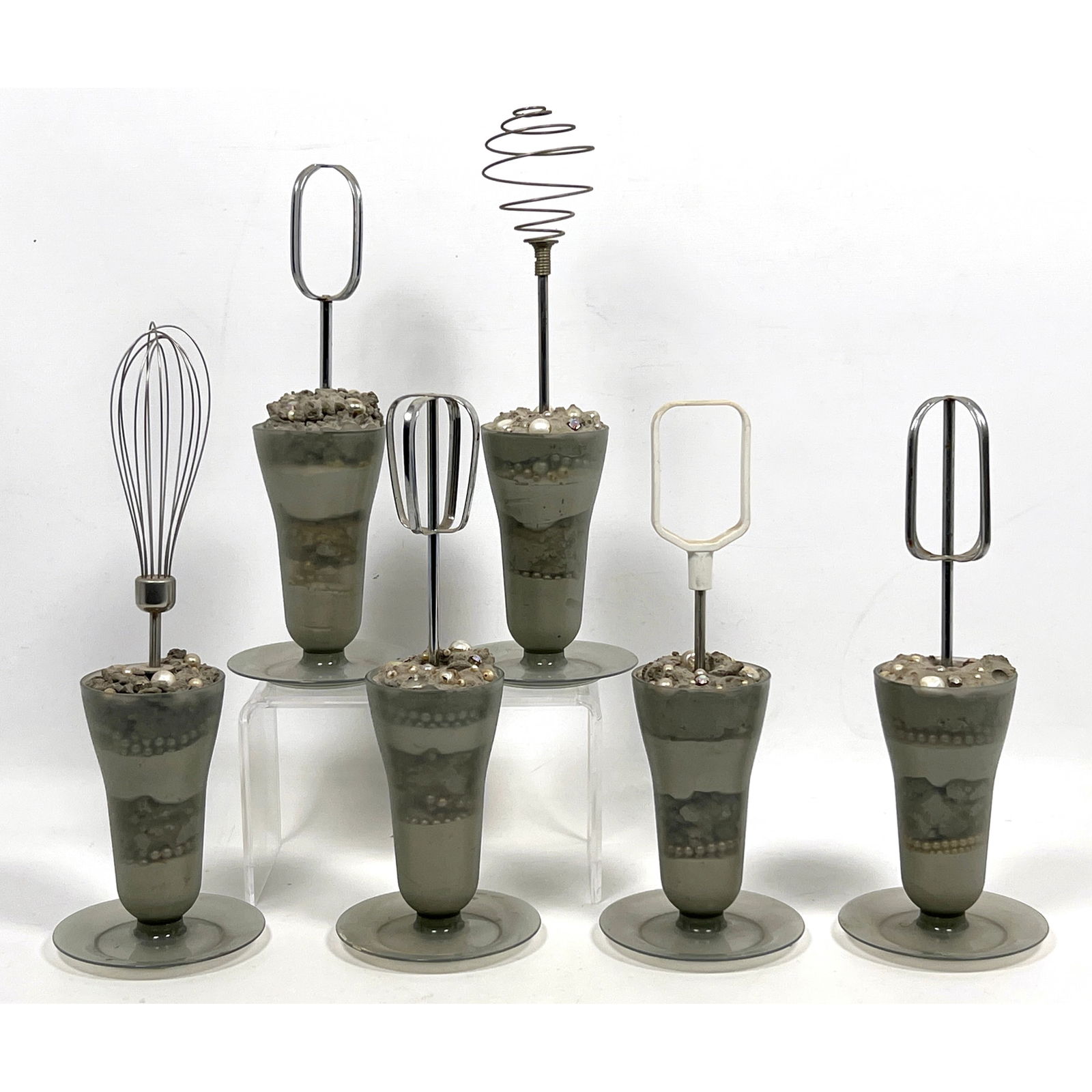 Betsy Brandt, Parfaits mixed mediums in plastic parfait glasses, Pop Art.: Betsy Brandt, Parfaits mixed mediums in plastic parfait glasses, Pop Art. Dimensions: Height: 12 inches, Width: 4 inches, Depth: 4 inches. --- US Packing and Shipping charge: In house shipping availab