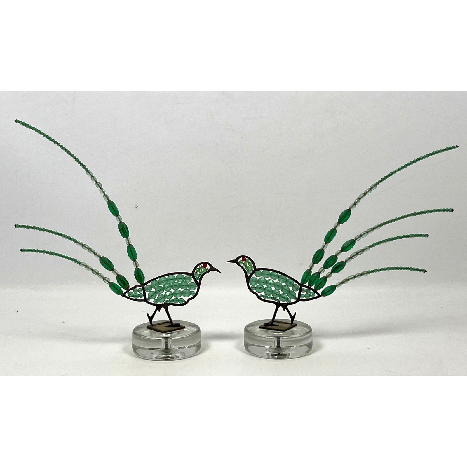 Pr Antique Czech Glass Bead Peacock Sculptures. Metal Rod Bird form Frame. Green Glass Beads on wire: Pr Antique Czech Glass Bead Peacock Sculptures. Metal Rod Bird form Frame. Green Glass Beads on wire. Mounted on Glass Base. Marked Czechoslovakia Dimensions: Height: 9.5 inches, Width: 10.5 inches, D