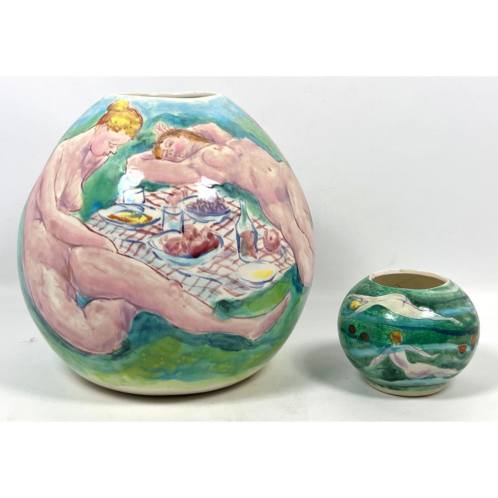 Francis McCarthy Hand Painted Pottery Vase. Swimmers. Painted vessel. Original price listed for: Francis McCarthy Hand Painted Pottery Vase. Swimmers. Painted vessel. Original price listed for Dimensions: Height: 14 inches, Width: 11 inches, Depth: 11 inches. --- US Packing and Shipping charge: I
