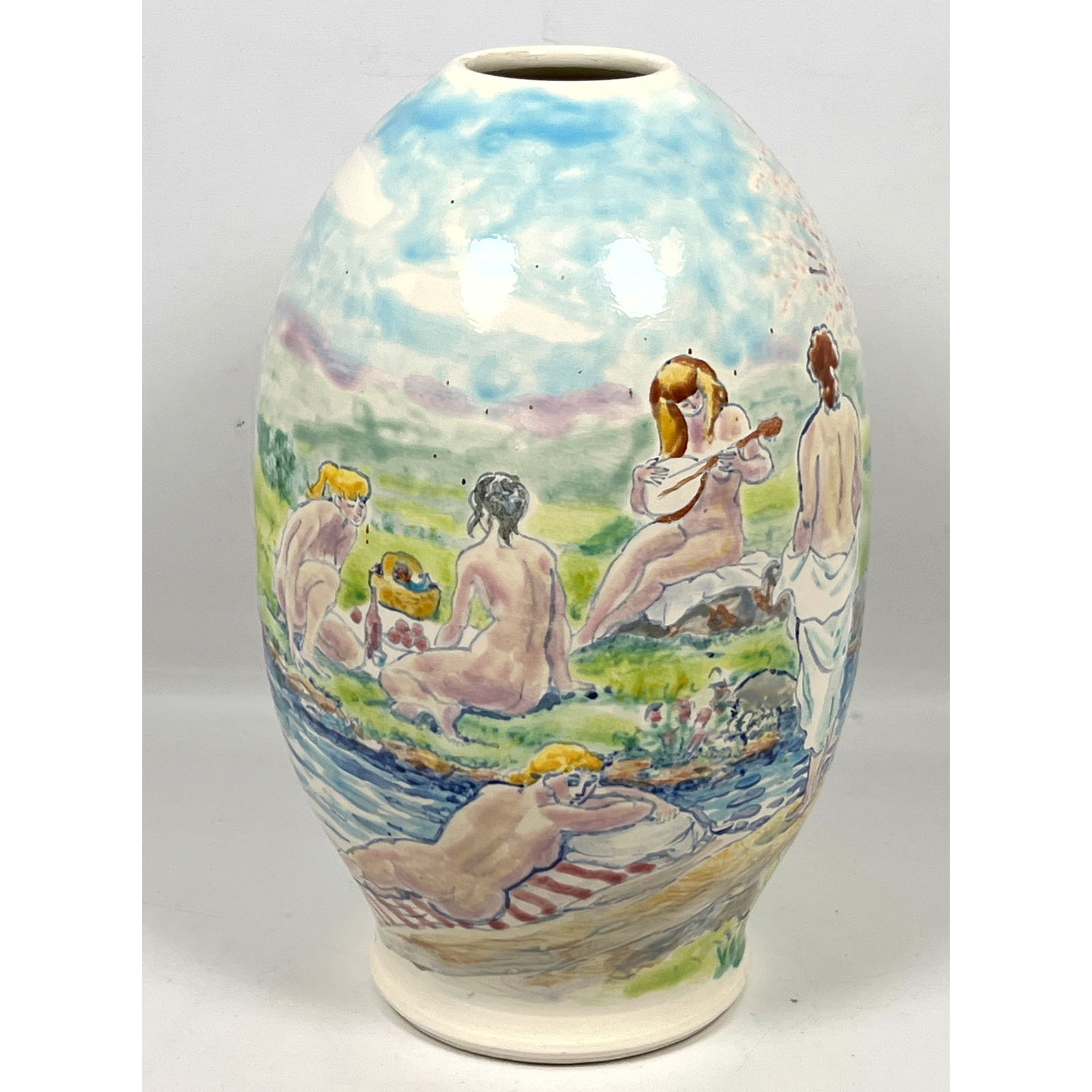 Francis McCarthy 2000 Hand Painted Pottery Vase. Swimmers. Painted vessel. canceled check for 2100 (1 of 12)