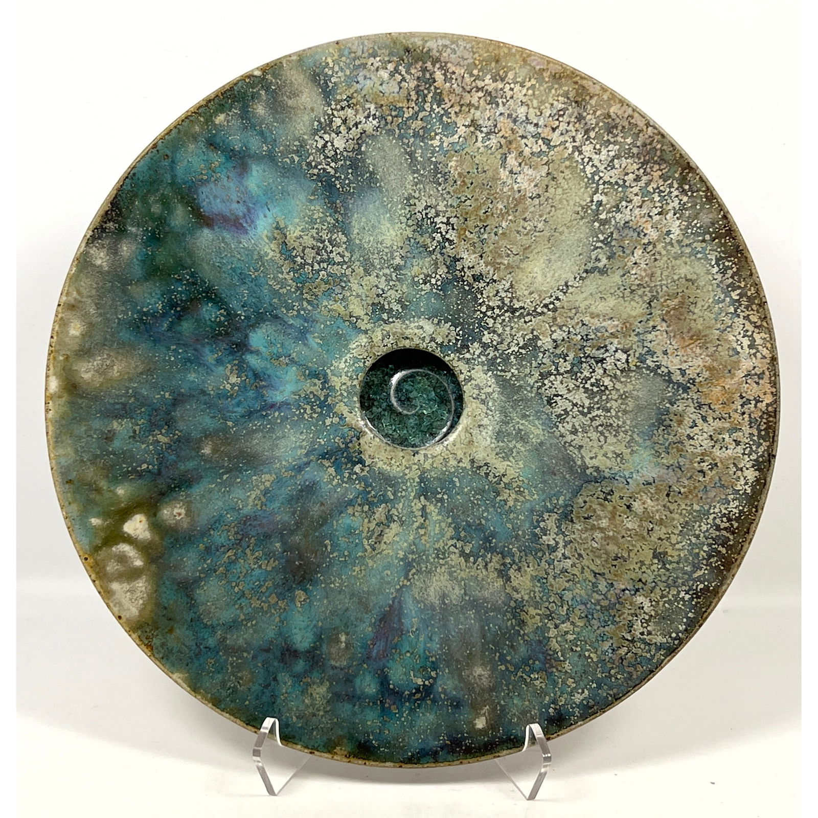 Large John Ransmeier Signed Art Studio Pottery Charger wall Sculpture. enamel glaze.: Large John Ransmeier Signed Art Studio Pottery Charger wall Sculpture. enamel glaze. Dimensions: Height: 15.25 inches, Width: 15.25 inches, Depth: 1.5 inches. --- US Packing and Shipping charge: In ho