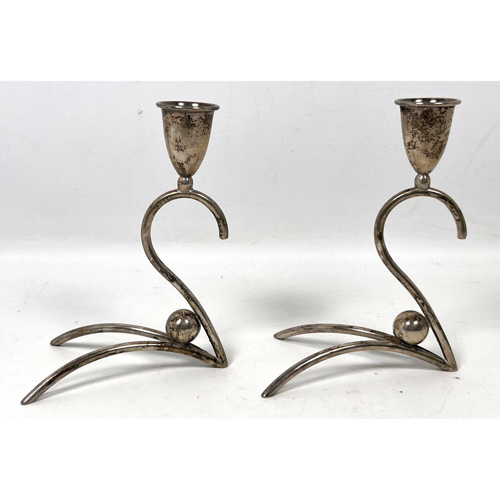 Pr Sterling Silver Mexican Modernist Candle Holder. Swan form with sphere supports candle holder. Ma (1 of 10)