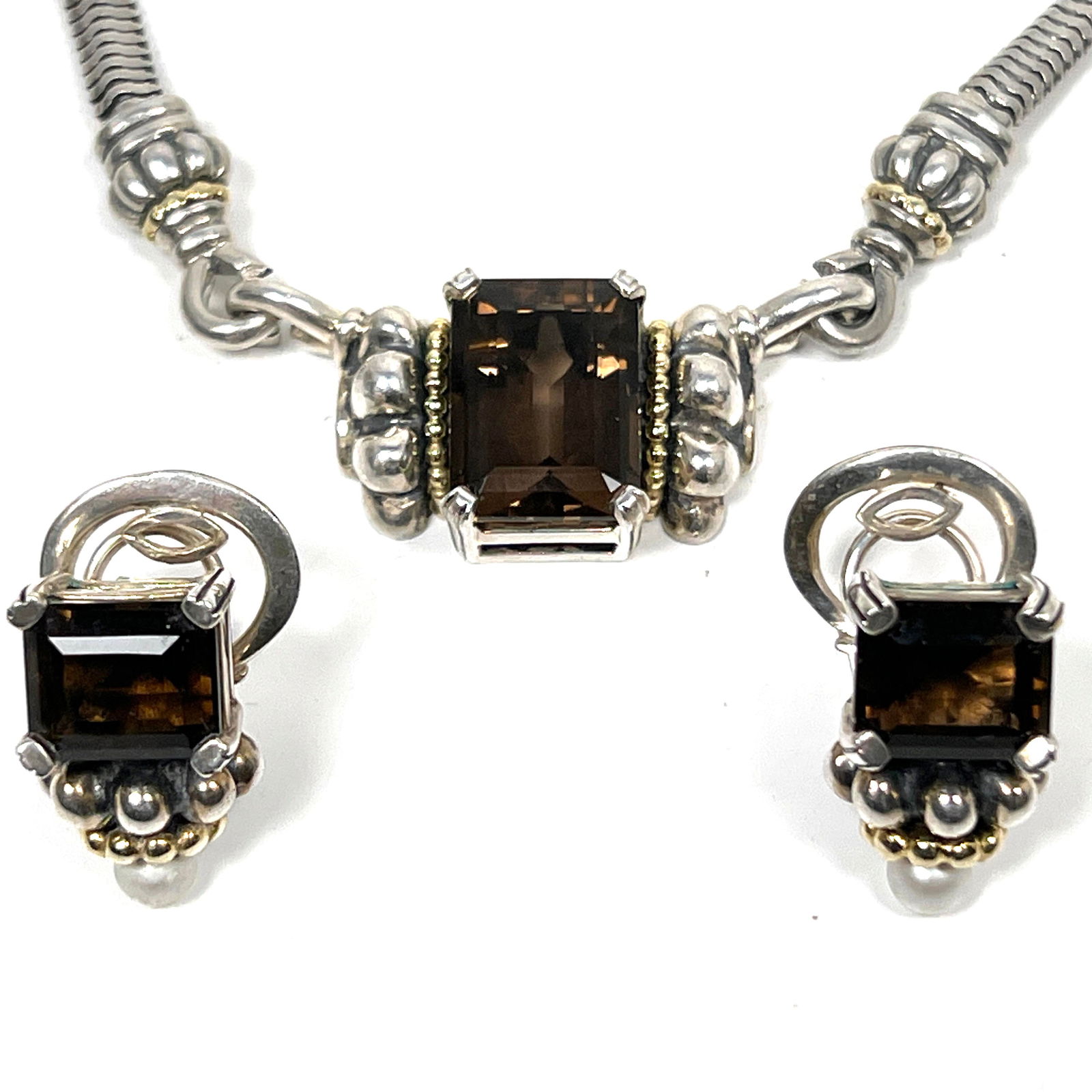 2pc LAGOS Caviar Sterling, 18k Gold Necklace, Earrings. Snake Link Necklace Chain has Smoky Quartz S: 2pc LAGOS Caviar Sterling, 18k Gold Necklace, Earrings. Snake Link Necklace Chain has Smoky Quartz Sterling, 18K Gold Enhancer (Removable). Pr Smoky Quartz, Pearl, Sterling 18K Gold Pierced Earrings.