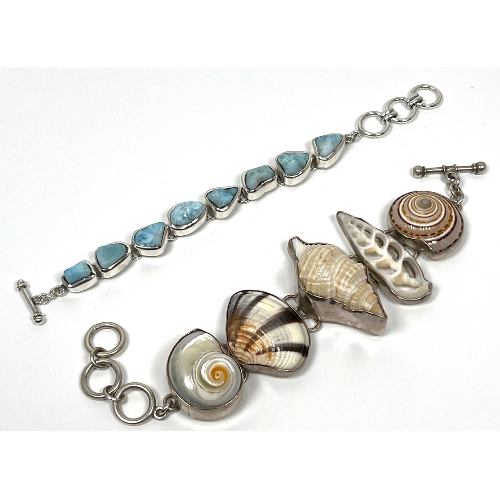 2pc Sterling Silver Artisan Studio Bracelets. 1) CHARLES ALBERT Sea Shell Link Bracelet. 2) LARIMAR (1 of 13)