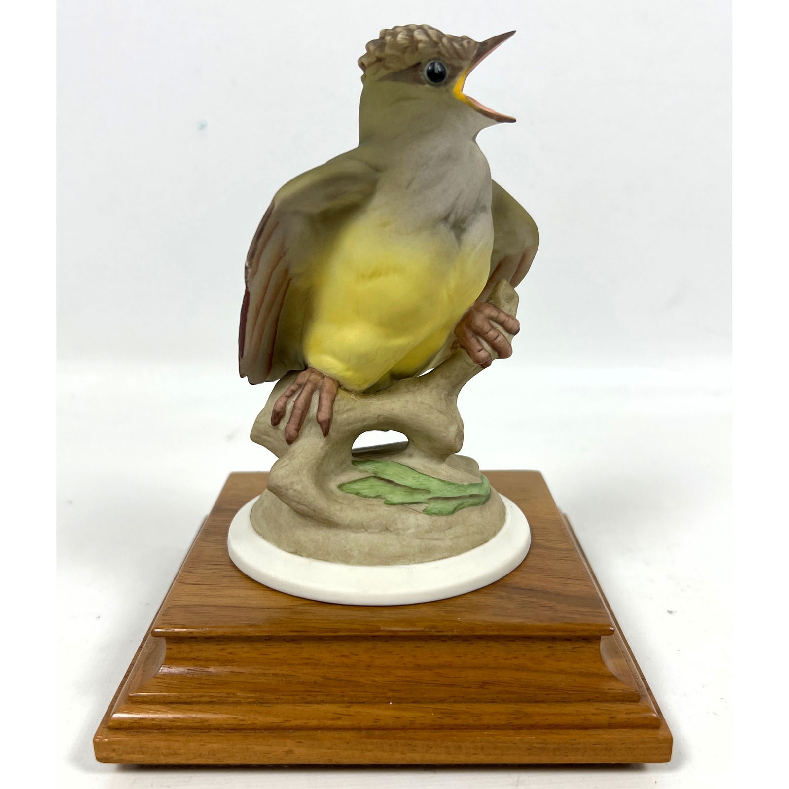 BOEHM Porcelain Figurine titled Baby Crested Flycatcher, model 458. Custom wood base. Marked. (1 of 8)