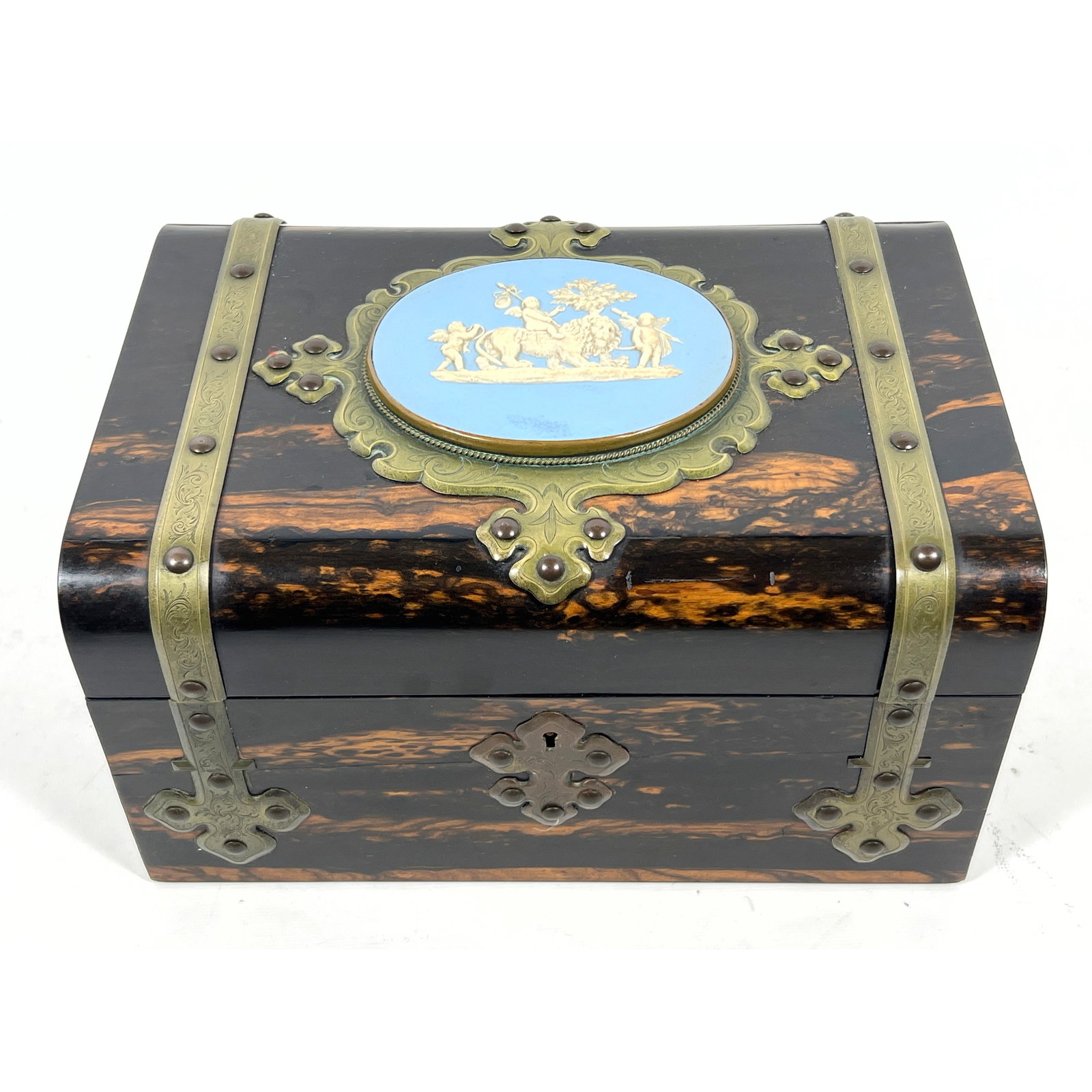 Victorian coromandel wood and brass mounted box with a jasperware plaque,: Victorian coromandel wood and brass mounted box with a jasperware plaque, Dimensions: Height: 6 inches, Width: 11.25 inches, Depth: 8 inches. --- US Packing and Shipping charge: In house shipping avai