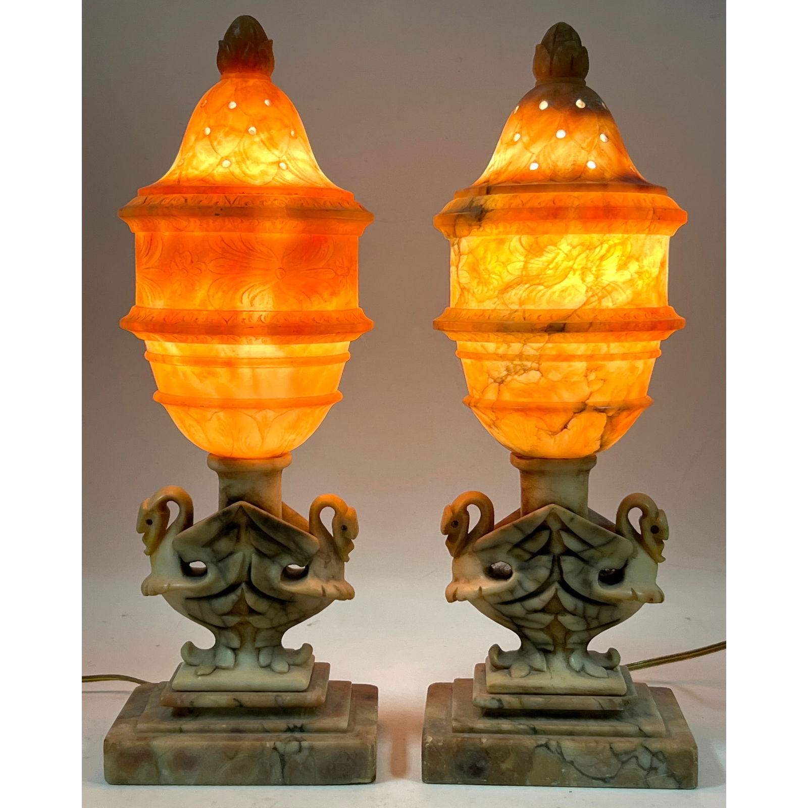 Pr Antique Carved Alabaster Swan Lamps. Figural Double Swan Lamp Bases support Highly Decorative Ala (1 of 13)