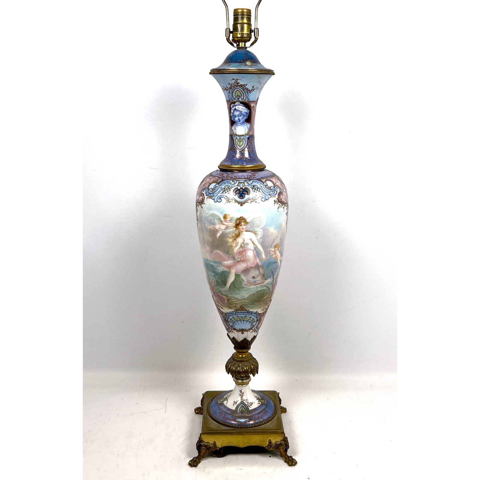 Artist Signed Sevres Porcelain Hand Painted Table Lamp. Maiden on Dolphin. scenic (1 of 17)