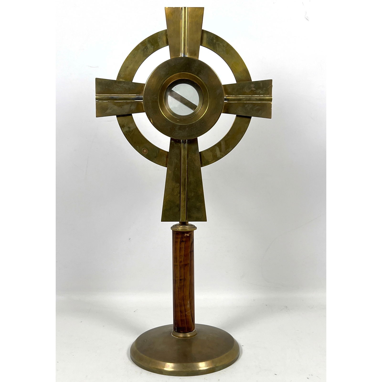Modernist Brass and Wood Monstrance. Brass Cross form on Wood Column Stem. Memorial Inscription. (1 of 10)