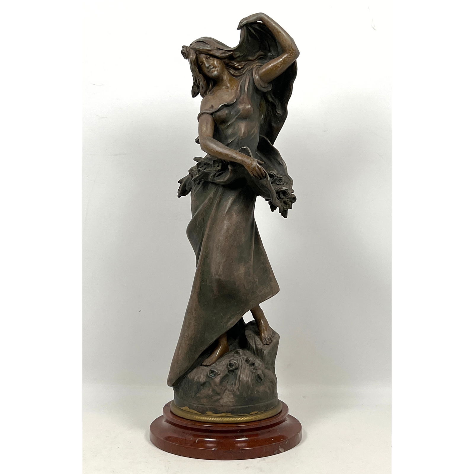 August Moreau French Patinated Metal Maiden Sculpture.: August Moreau French Patinated Metal Maiden Sculpture. Dimensions: Height: 23 inches, Width: 8 inches, Depth: 8 inches. --- - We offer curbside delivery for most items to NYC, Manhattan, Close Brookly