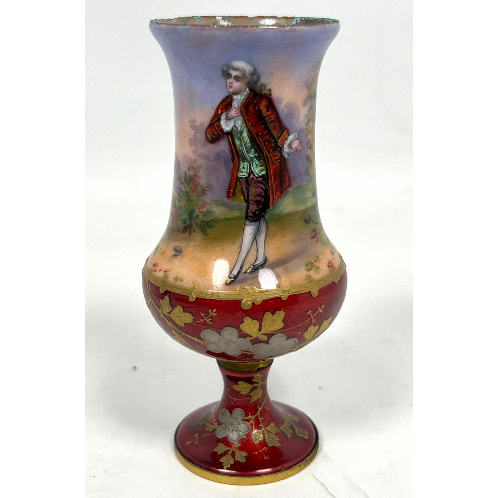 Austrian Limoges - enamel vase on copper. Signed A. CARLE. Miniature Cabinet Vase. Courtly Male Figu (1 of 9)
