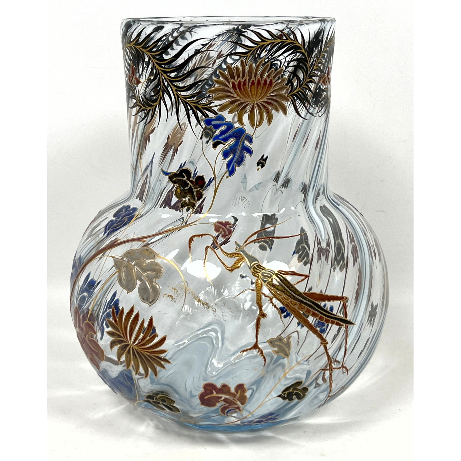 EMILE GALLE Enamel Decorated Vase. Finely enamel decorated vase with Praying Mantis. Twisted vase in (1 of 12)
