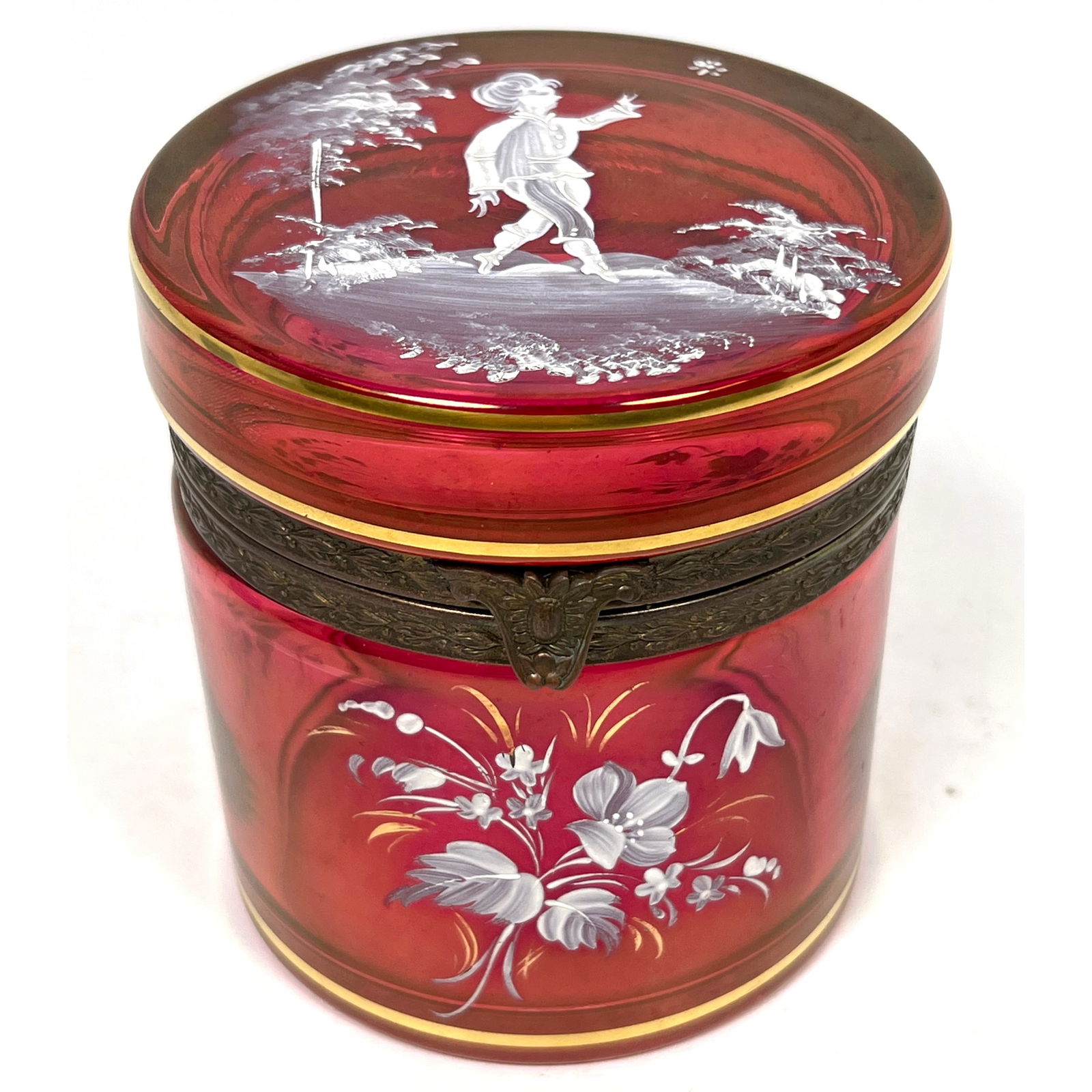 19th cent. Bohemian Mary Gregory style hinged box. Deep cranberry colored glass. Figural Painted top (1 of 9)