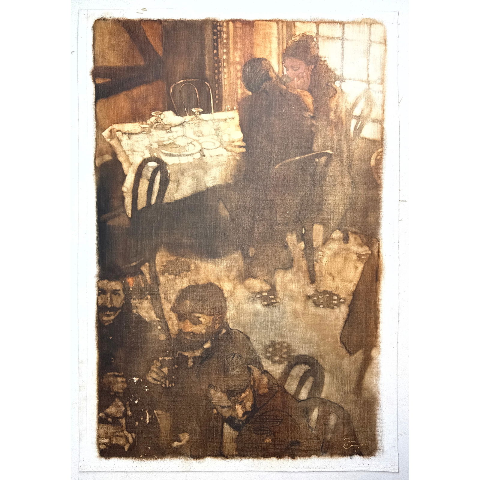 BERNARD Bernie FUCHS Original Painting on unstretched canvas. Dining. Signed B F. For the book Erne (1 of 8)