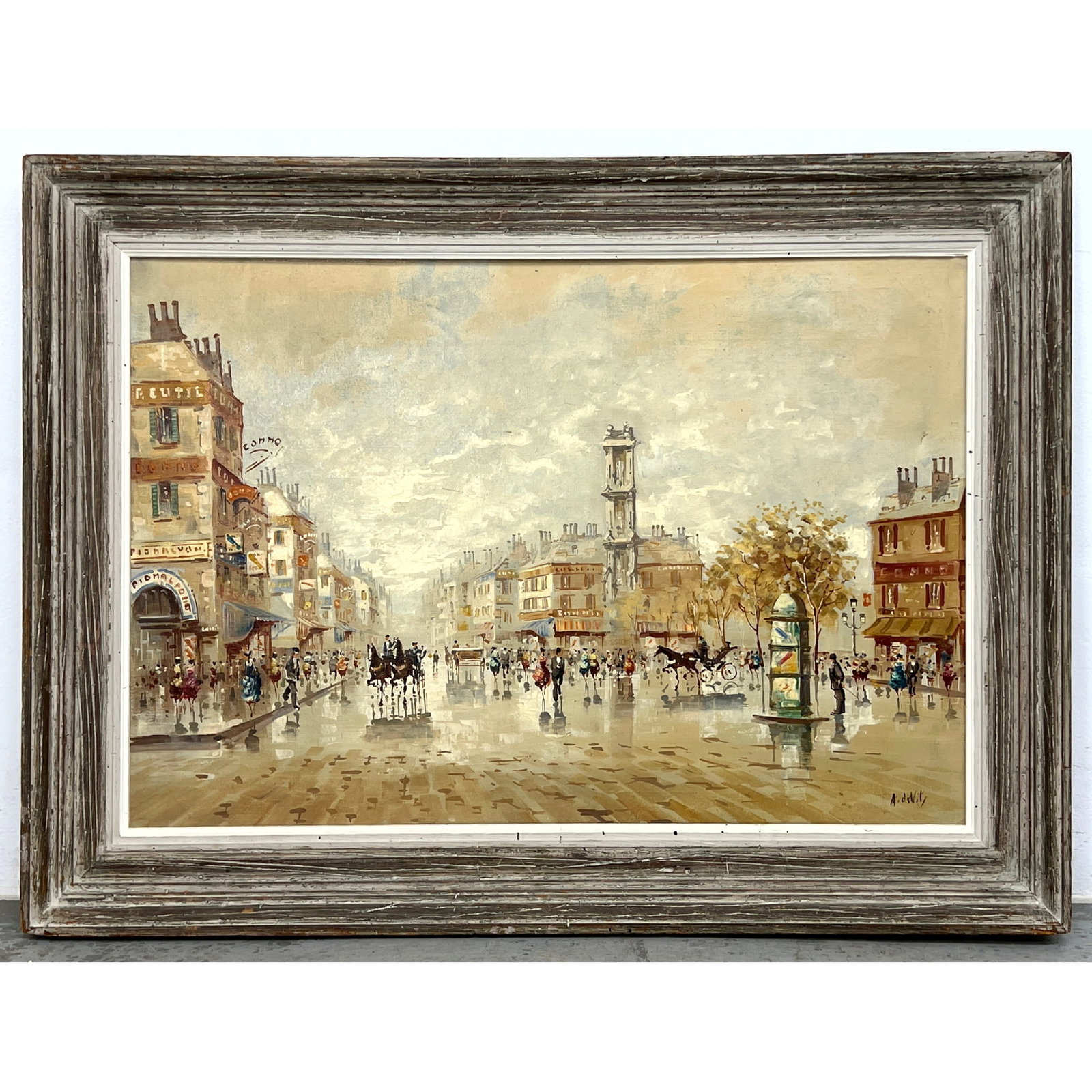 A deVITY Vintage Scenic European Town Painting. Horse Drawn Carriages and Pedestrians wander below B (1 of 10)