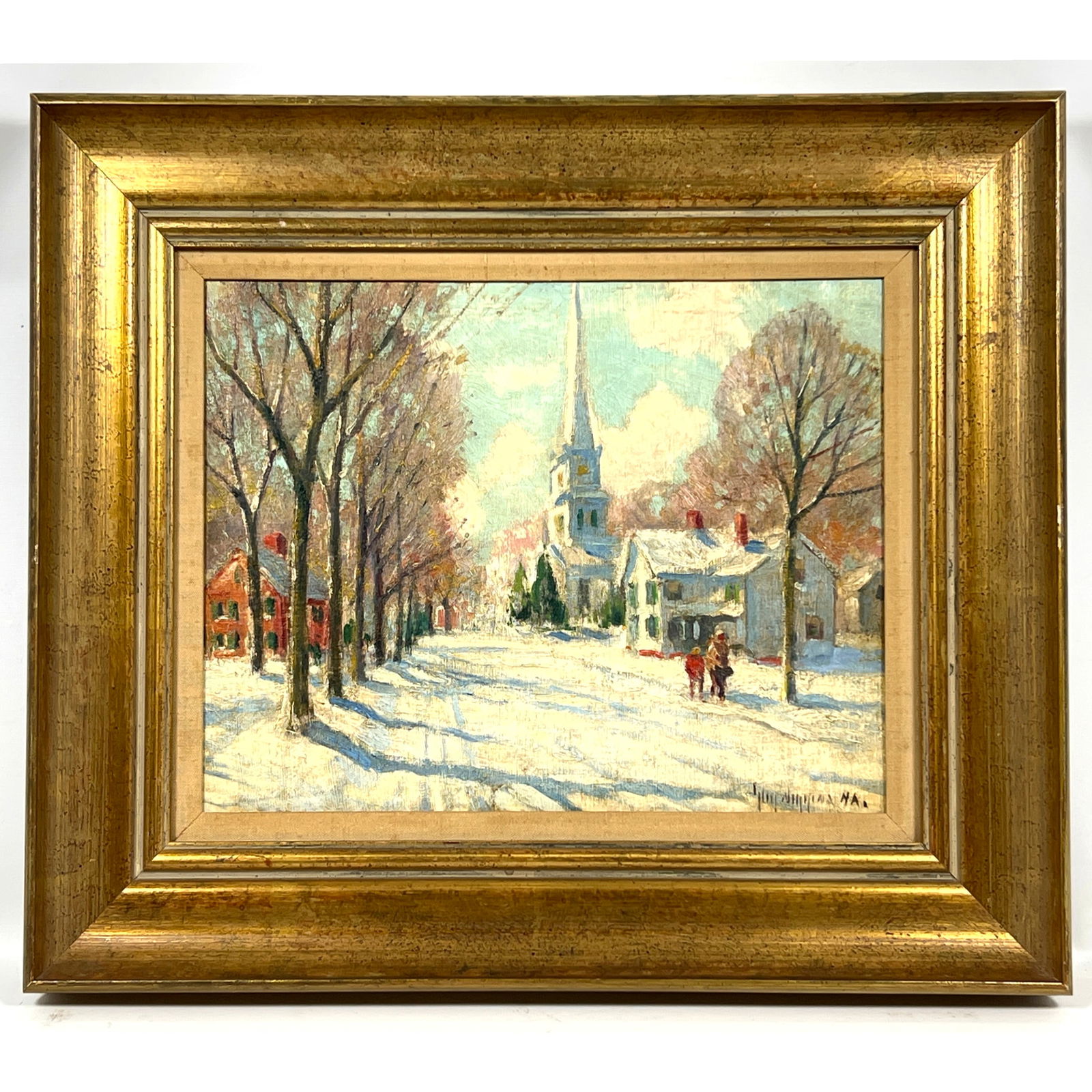 GUY CARLETON WIGGINS Scenic Oil Painting. Snowy Winter Road with Church. Signed. Framed. (1 of 10)