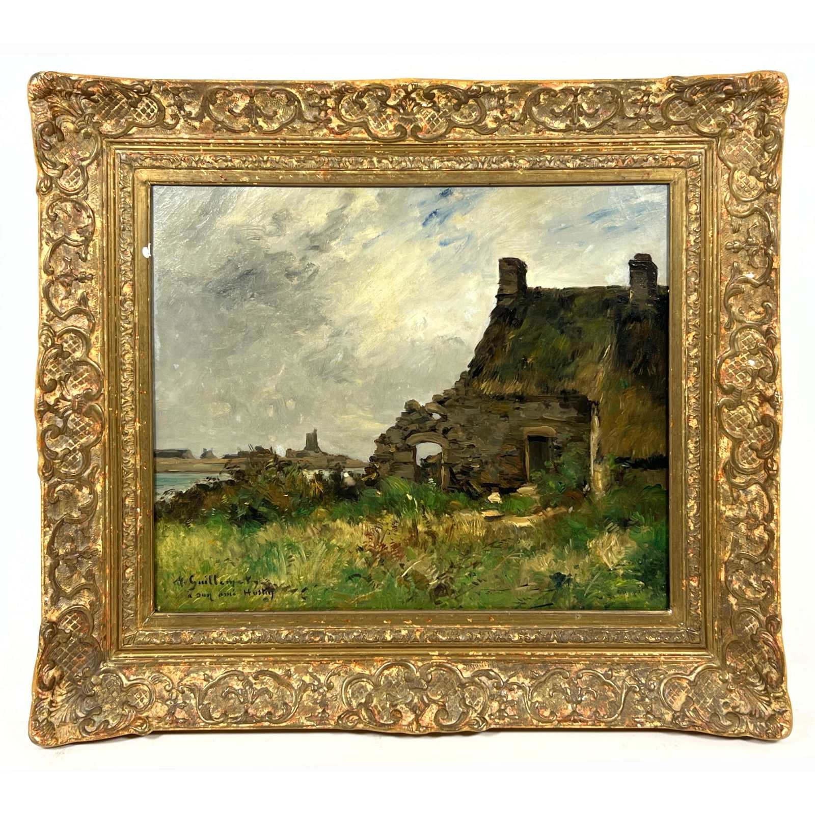 JEAN BAPTISTE ANTOINE GUILLEMET Oil Painting. Impressionist image of Thatched Roof Stone Cottage. Si: JEAN BAPTISTE ANTOINE GUILLEMET Oil Painting. Impressionist image of Thatched Roof Stone Cottage. Signed and inscribed. Framed. --- - We offer curbside delivery for most items to NYC, Manhattan, Close