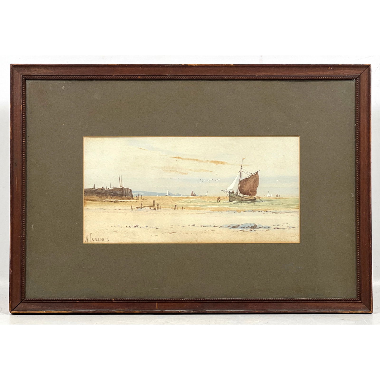 A. CLARENTE marine watercolor painting. Fishing boat on shore. (1 of 9)