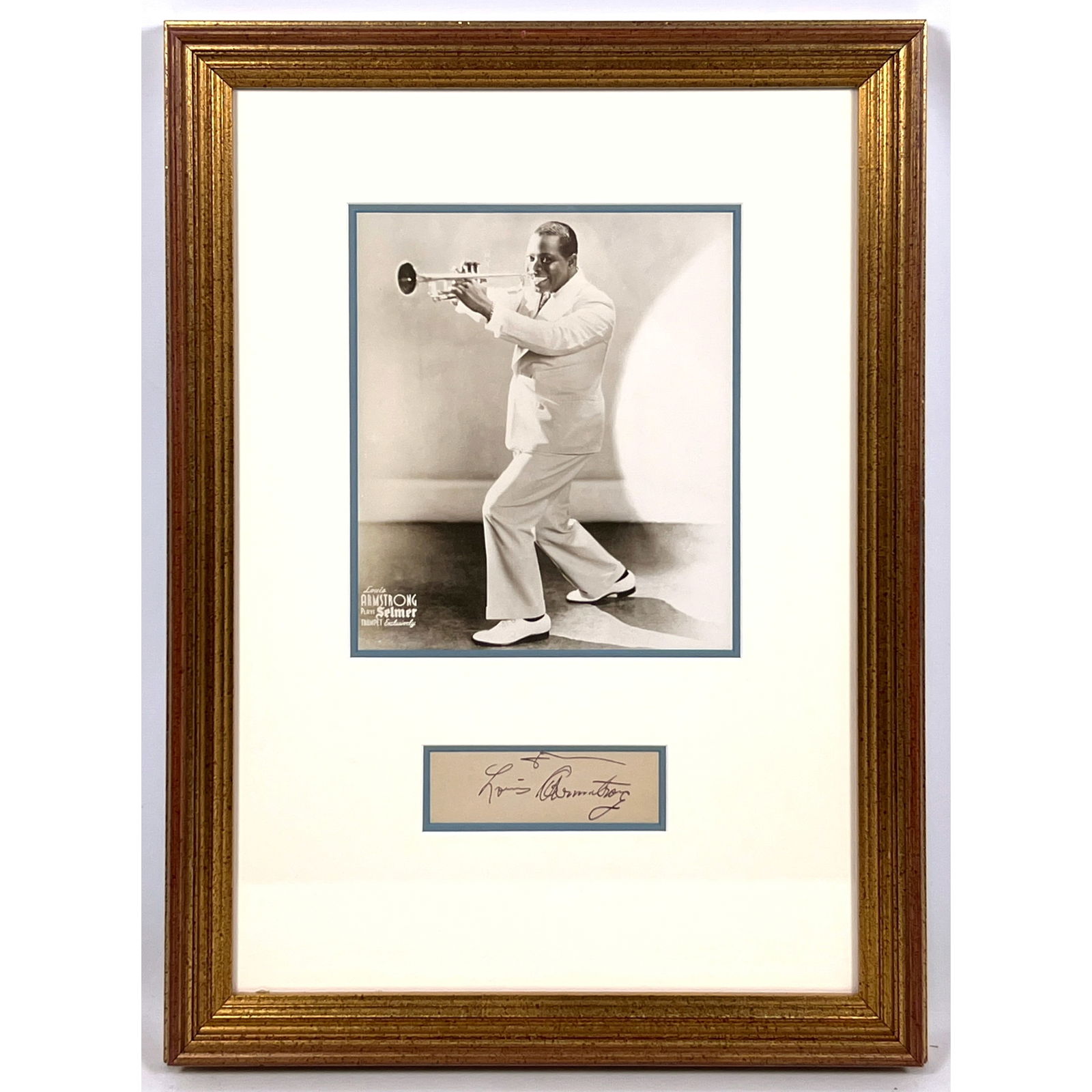 Louis Armstrong autograph Framed black and white photograph of Louis playing a trumpet and Cut out (1 of 8)