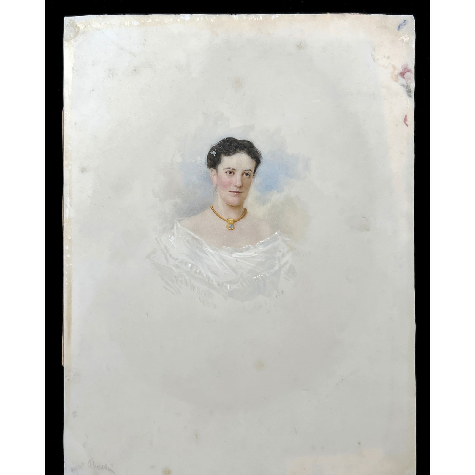 William Wallace Scott Miniature painting on glass Portrait. Signed.: William Wallace Scott Miniature painting on glass Portrait. Signed. Dimensions: Height: 8.75 inches, Width: 6.75 inches. --- US Packing and Shipping charge: In house shipping available. Will be calcul