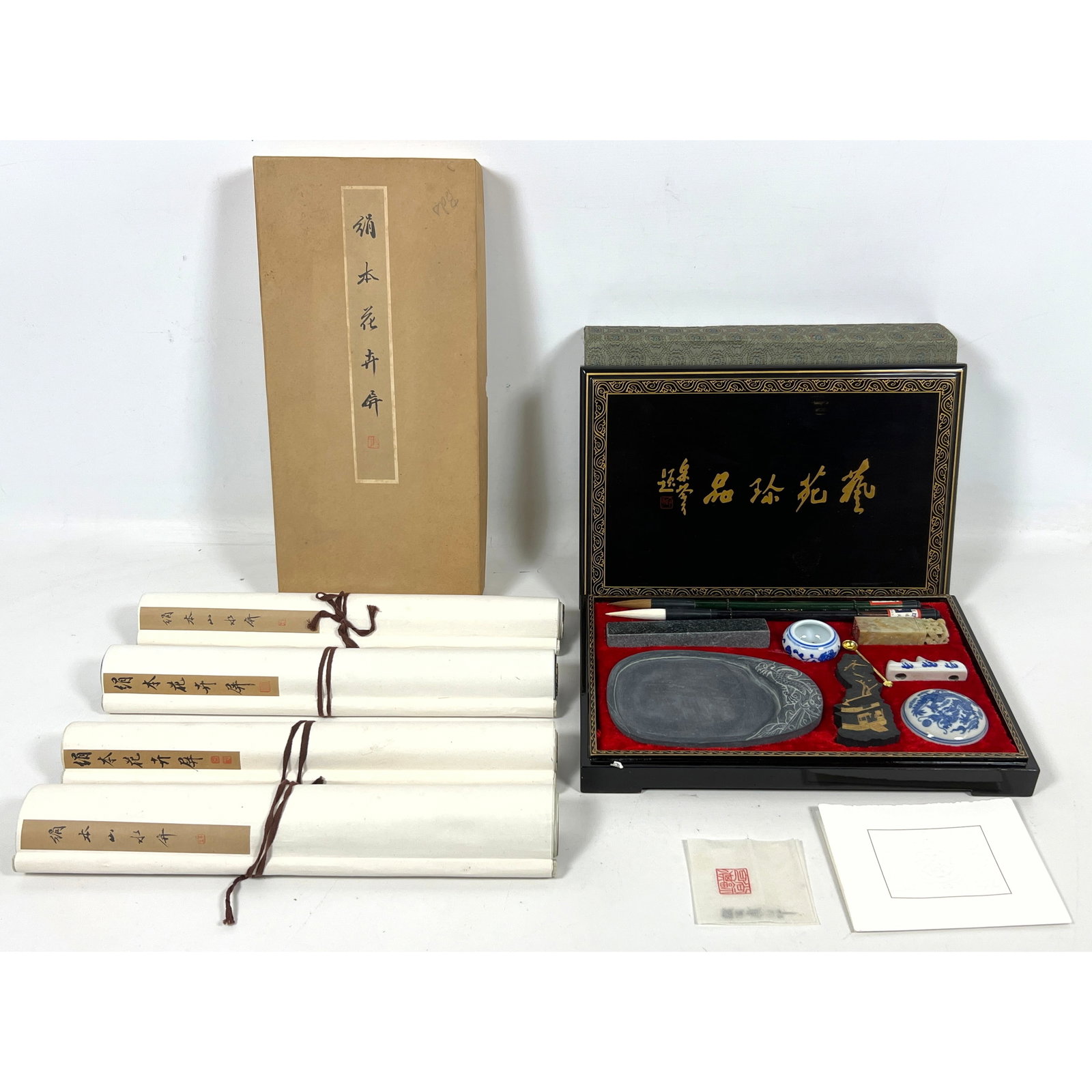 Chinese scholar's calligraphy set and several hand Scrolls (1 of 16)
