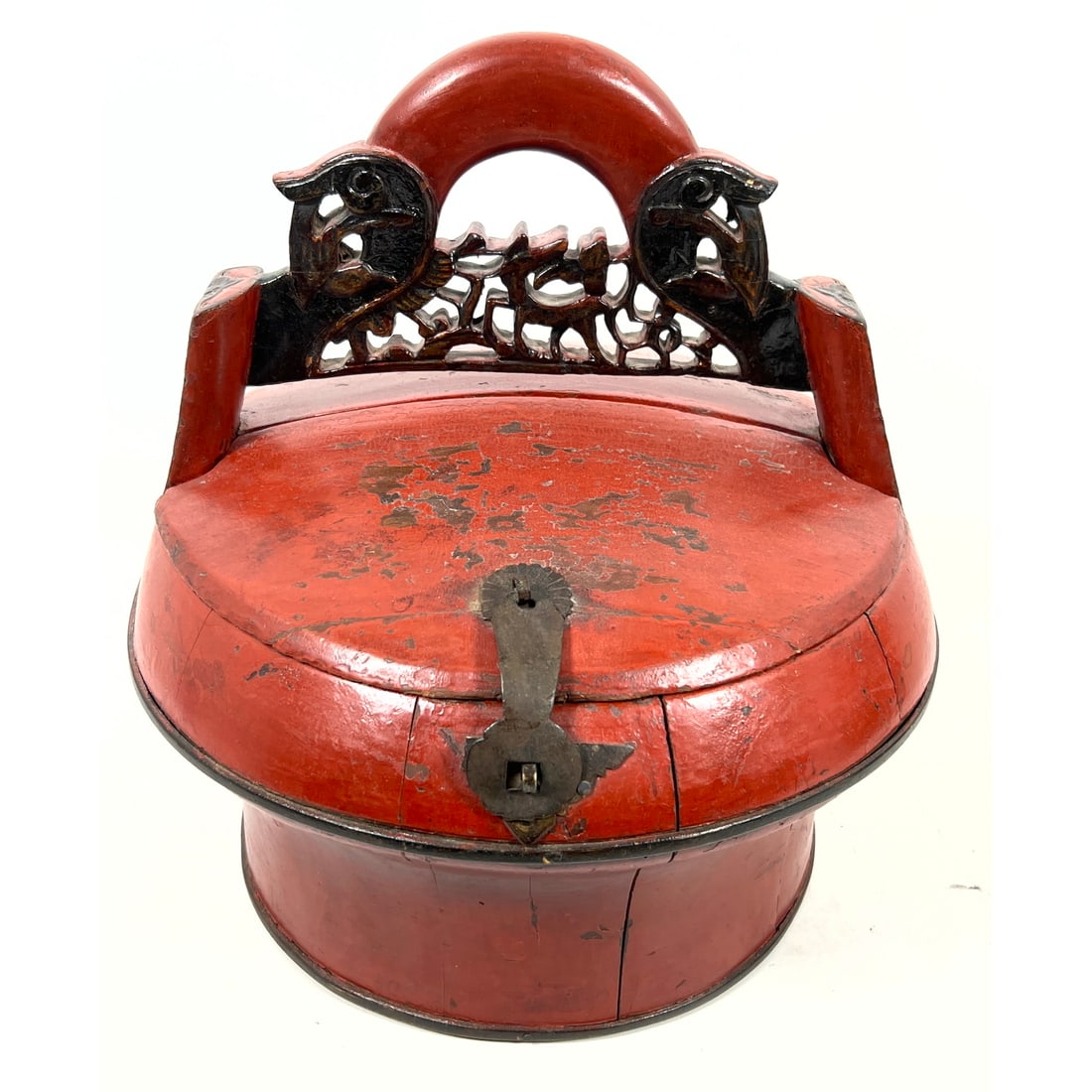 Antique Chinese Red Lacquer Carved Wood Wedding Basket (1 of 8)