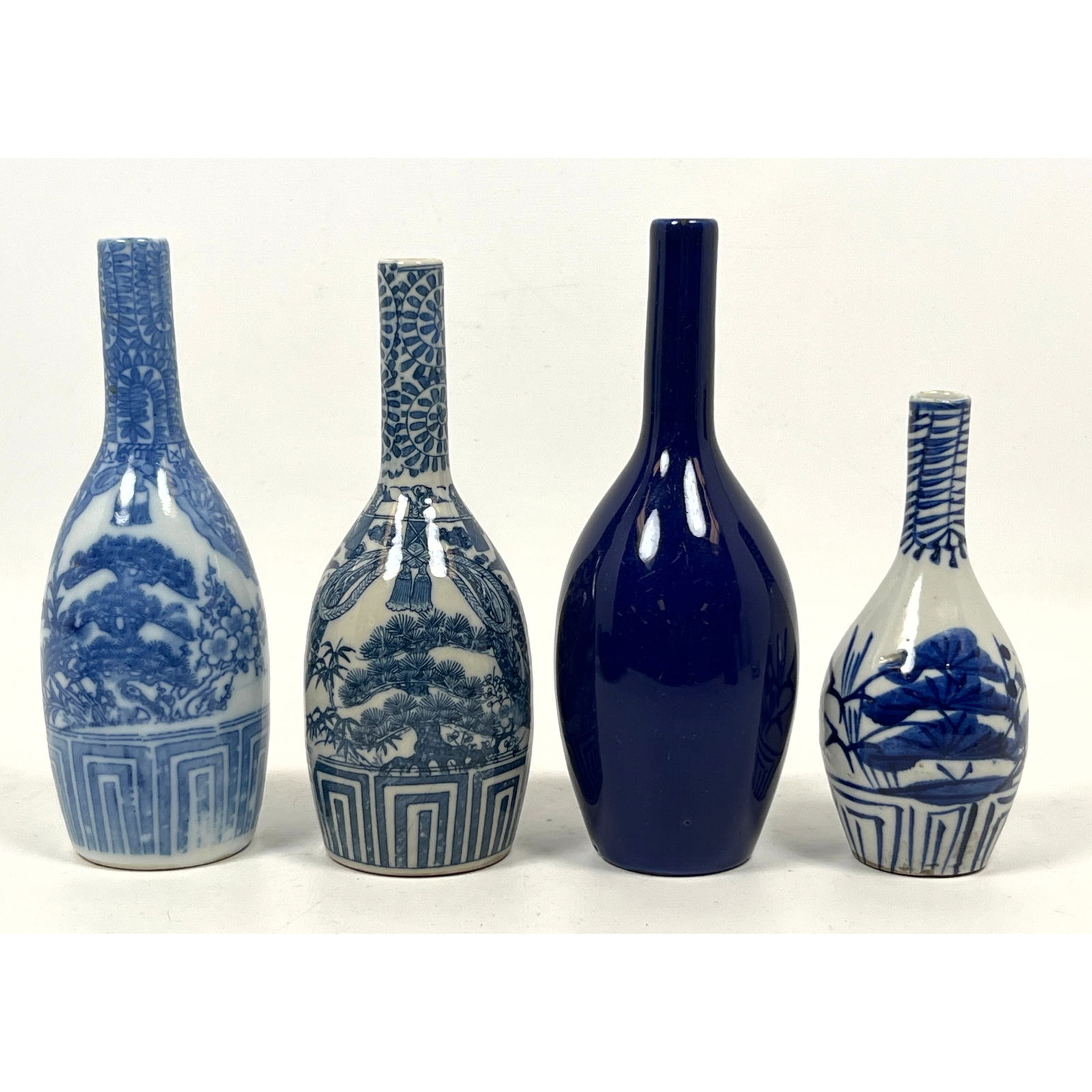 Collection 4 Long Necked Asian Porcelain Bottles Vases. All have blue glaze decorations. (1 of 17)