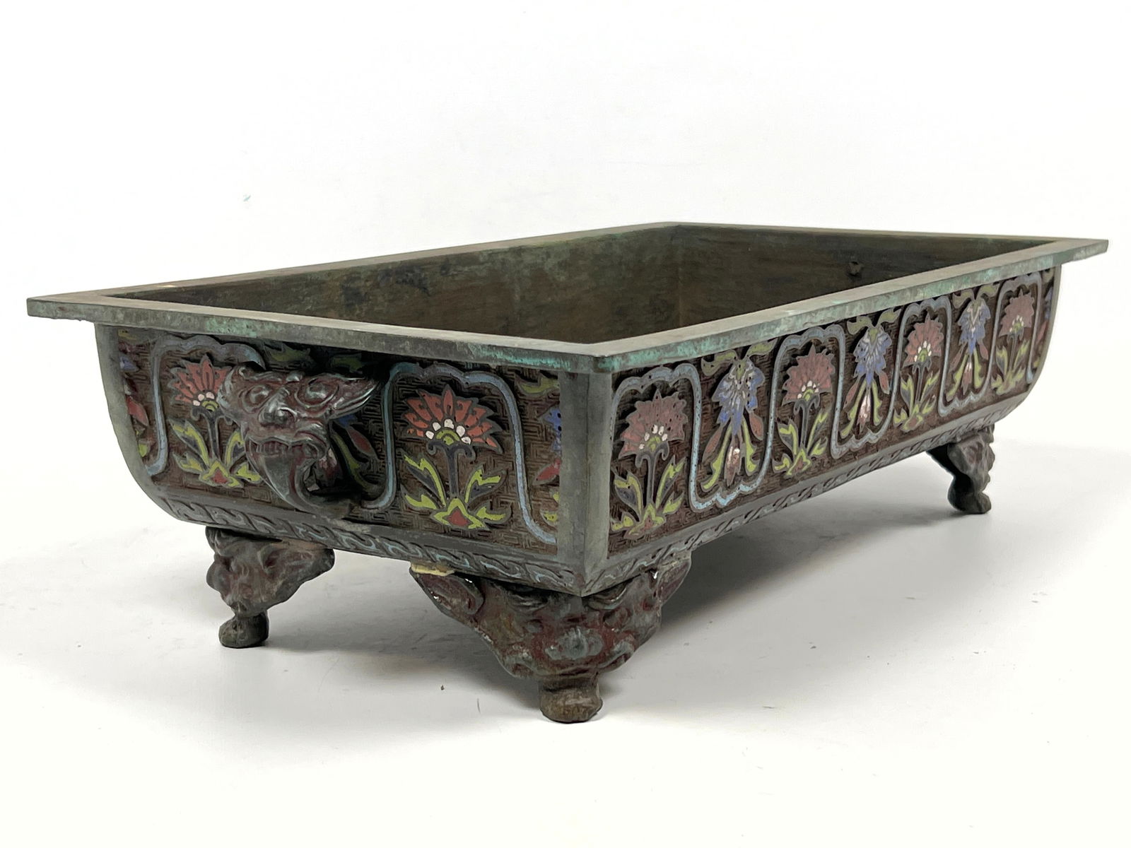 Chinese Champleve Low Planter Cachepot. Handled. - 3