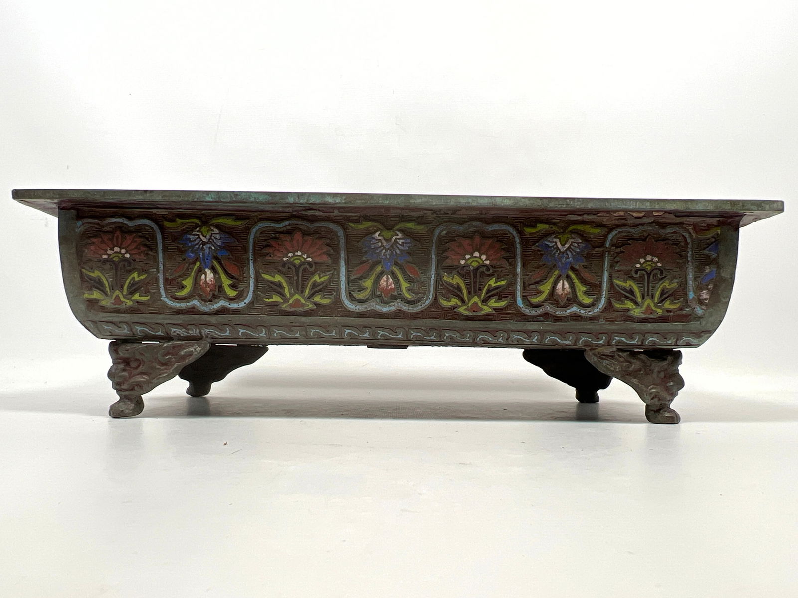 Chinese Champleve Low Planter Cachepot. Handled. - 8